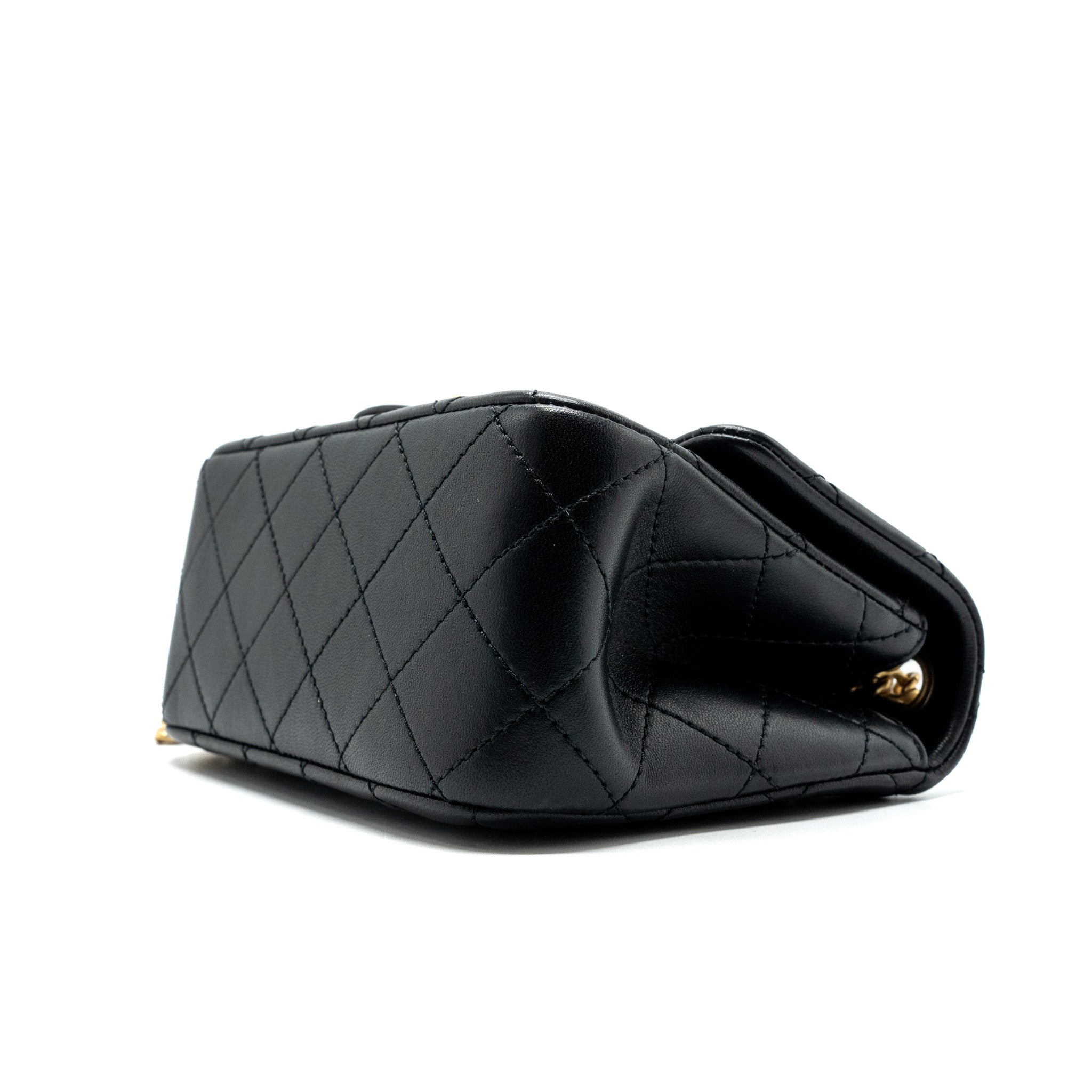 CHANEL CAMELLIA ADJUSTABLE CHAIN MINI SQUARE FLAP BAG LAMBSKIN BLACK GHW (MICROCHIP)