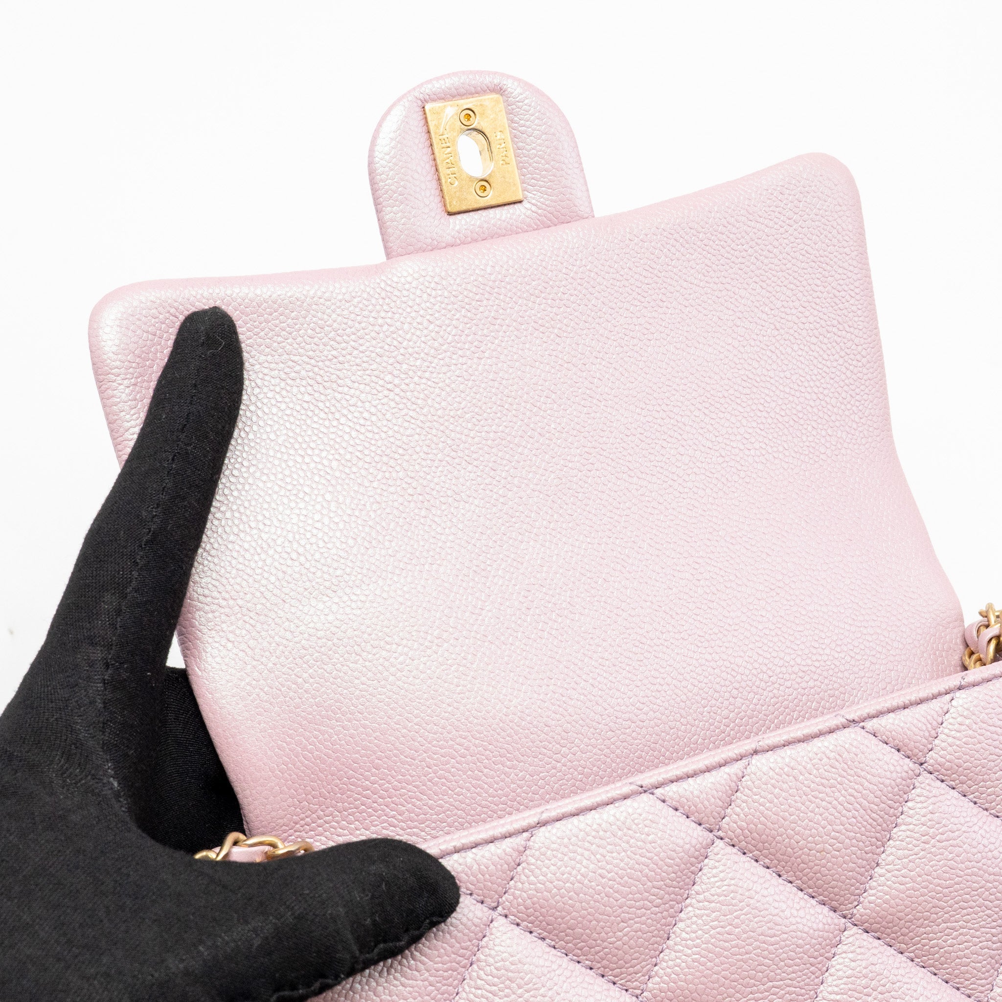 CHANEL 21K MY PERFECT MINI FLAP BAG CAVIAR IRIDESCENT PINK GHW (MICROCHIP)
