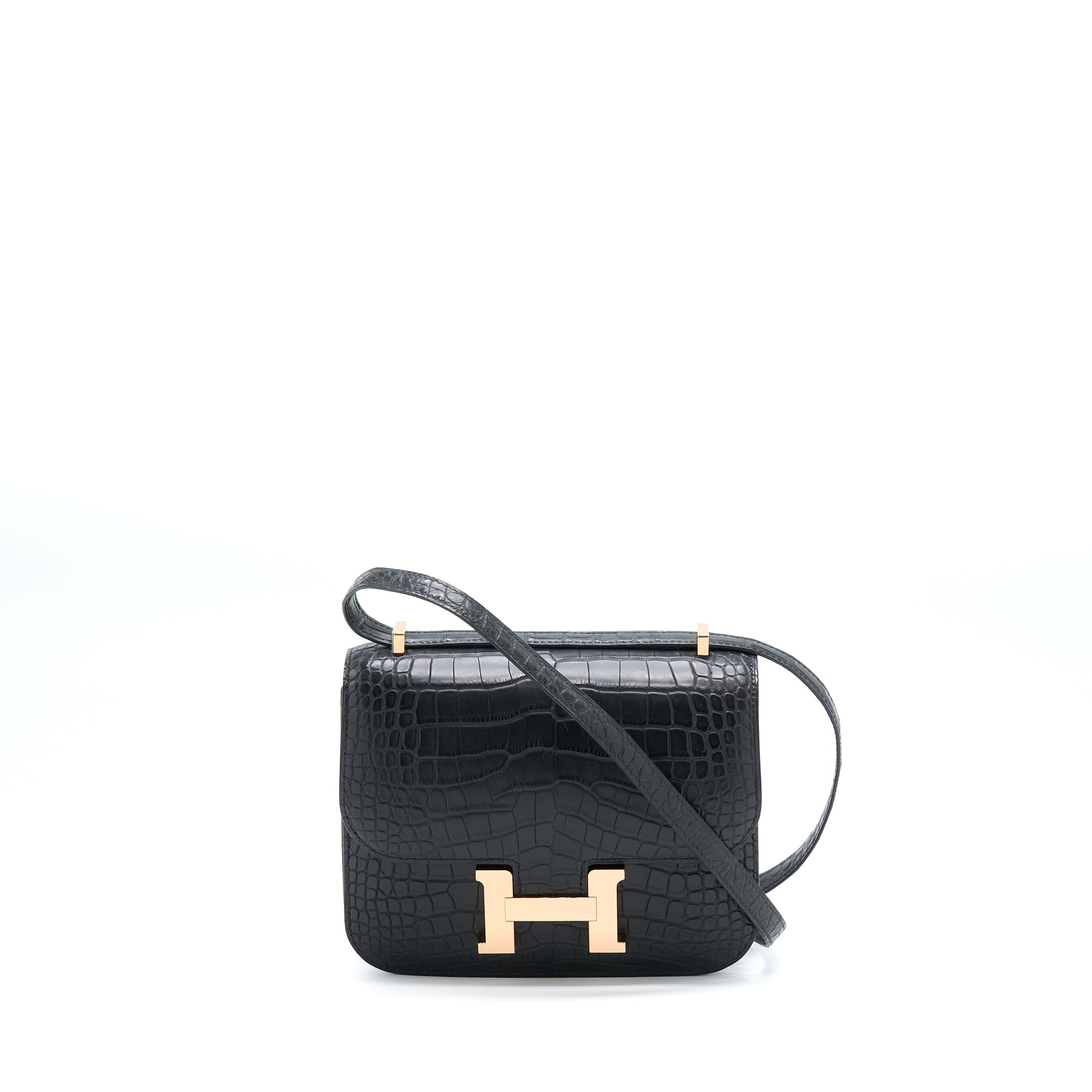 HERMES MINI CONSTANCE ALLIGATOR MISSISSIPPIENSIS MAT BLACK RGHW