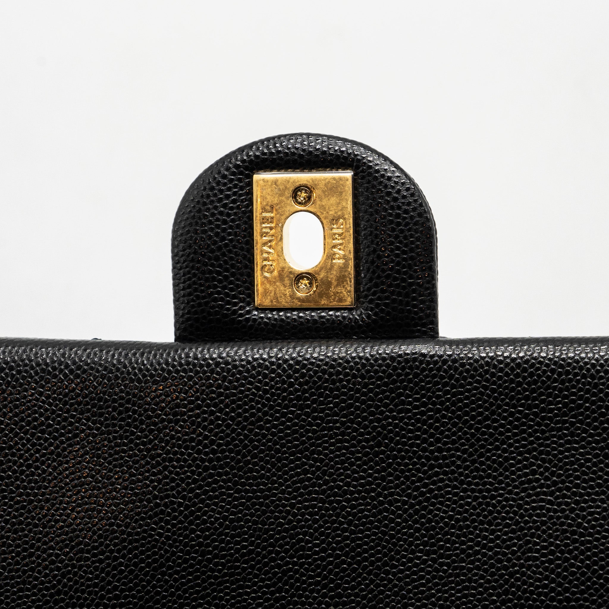 CHANEL QUILTED FLAP BAG WITH DOUBLE AND CC LOGO CHAIN CAVIAR BLACK GHW (MICROCHIP)