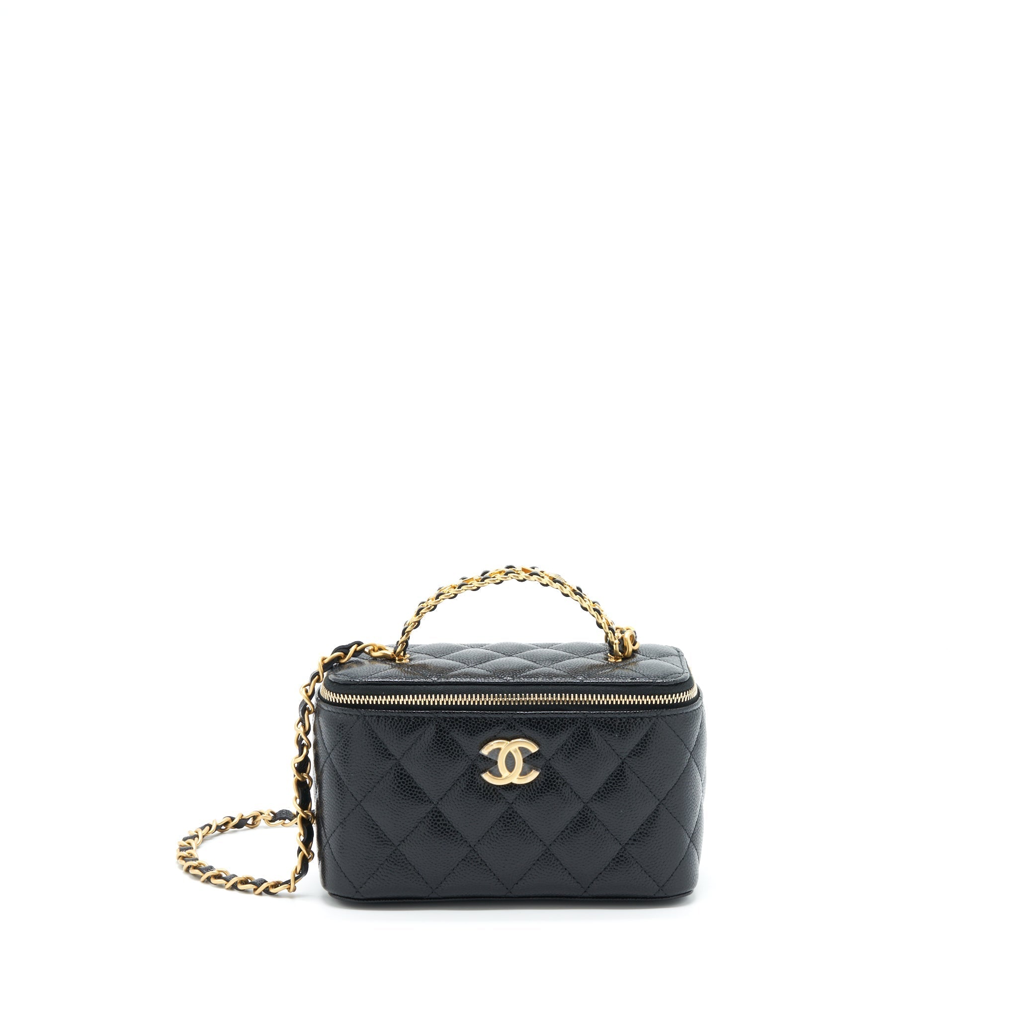 CHANEL 22S LETTER TOP HANDLE LONG VANITY WITH CHAIN CAVIAR BLACK GHW