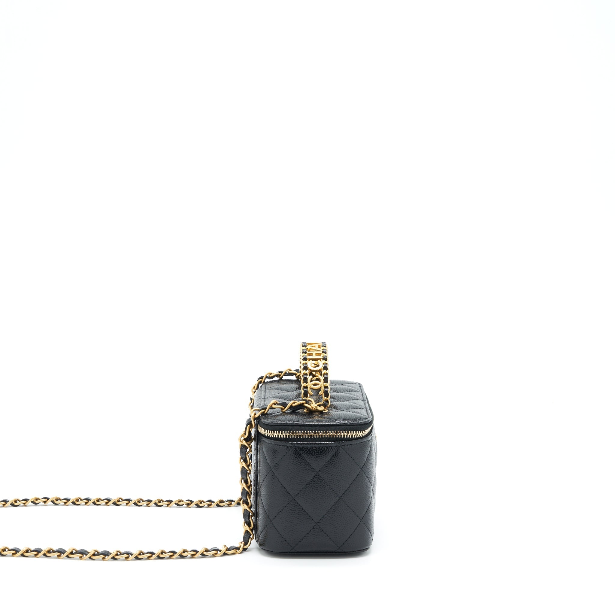 CHANEL 22S LETTER TOP HANDLE LONG VANITY WITH CHAIN CAVIAR BLACK GHW