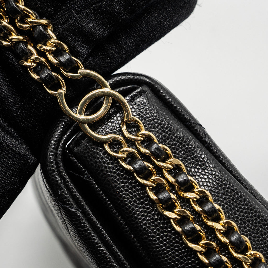 CHANEL QUILTED FLAP BAG WITH DOUBLE AND CC LOGO CHAIN CAVIAR BLACK GHW (MICROCHIP)