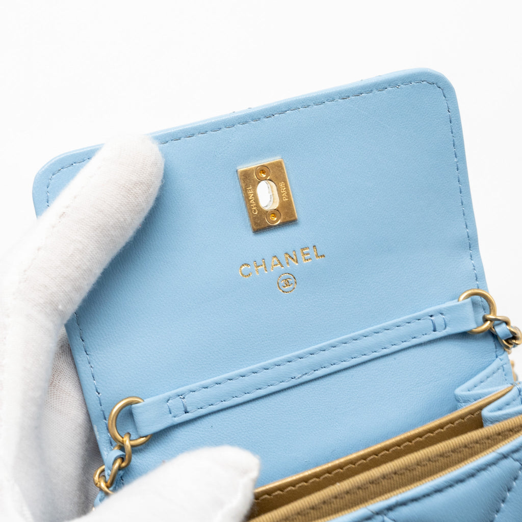 CHANEL PEARL CRUSH MINI FLAP WALLET WITH CHAIN LAMBSKIN BLUE GHW