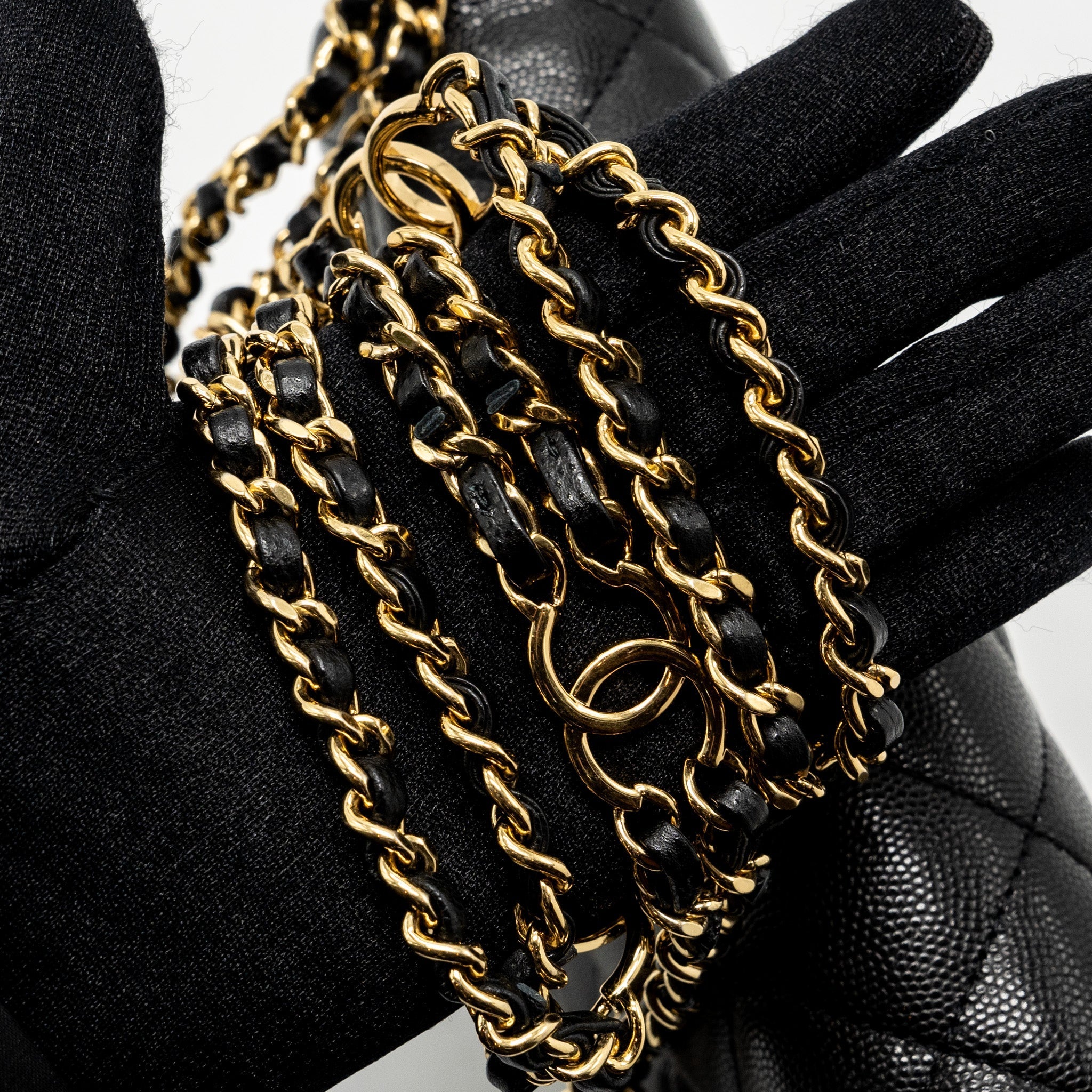 CHANEL QUILTED FLAP BAG WITH DOUBLE AND CC LOGO CHAIN CAVIAR BLACK GHW (MICROCHIP)