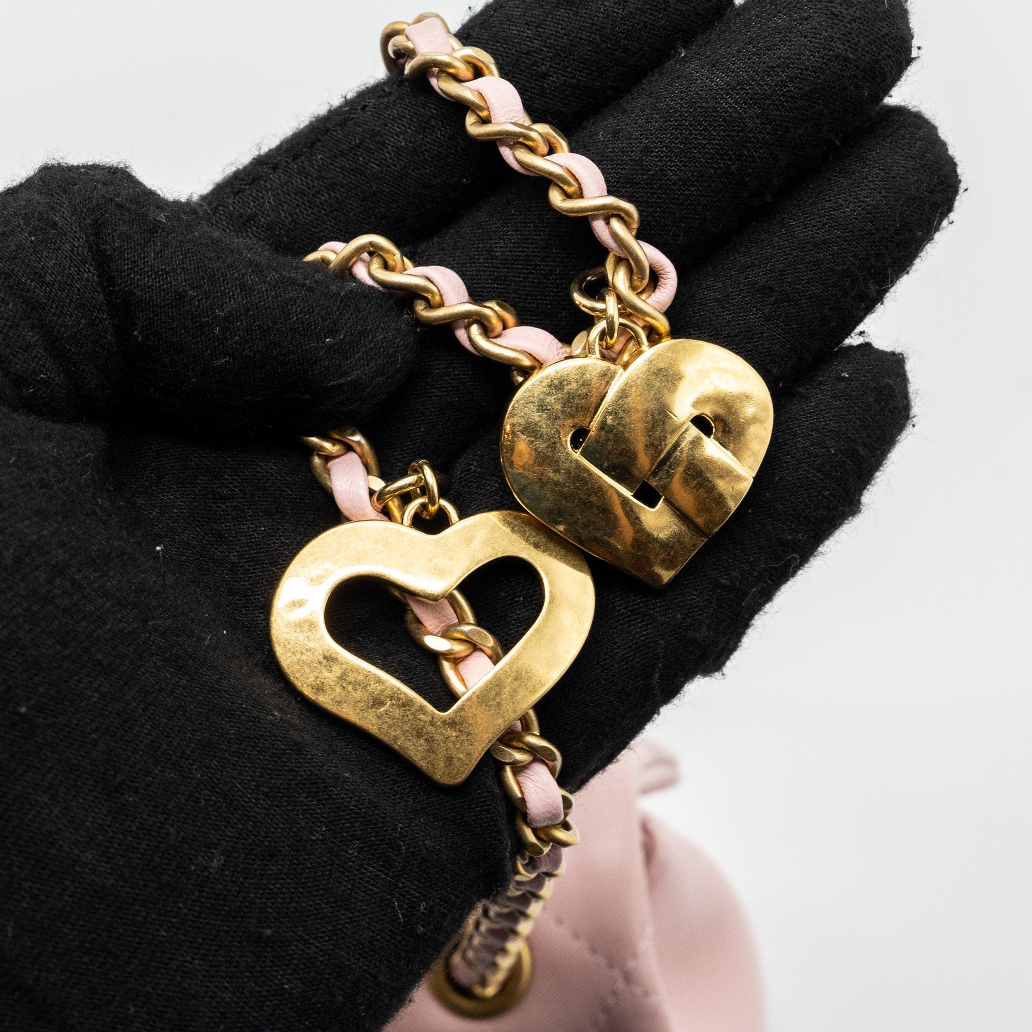 CHANEL QUILTED FLAP BAG WITH HEART CHARM ON CHAIN LAMBSKIN LIGHT PINK GHW (MICROCHIP)
