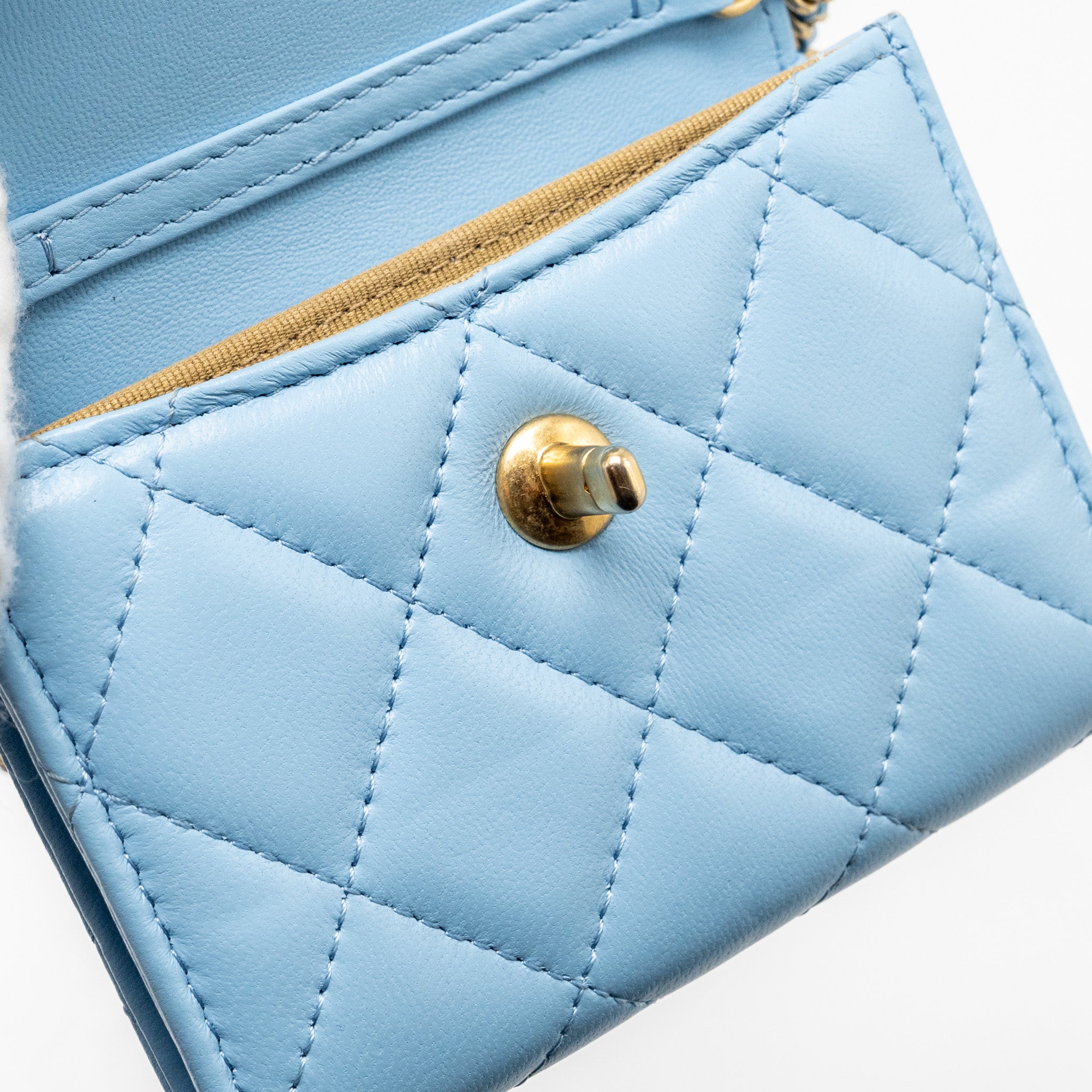 CHANEL PEARL CRUSH MINI FLAP WALLET WITH CHAIN LAMBSKIN BLUE GHW