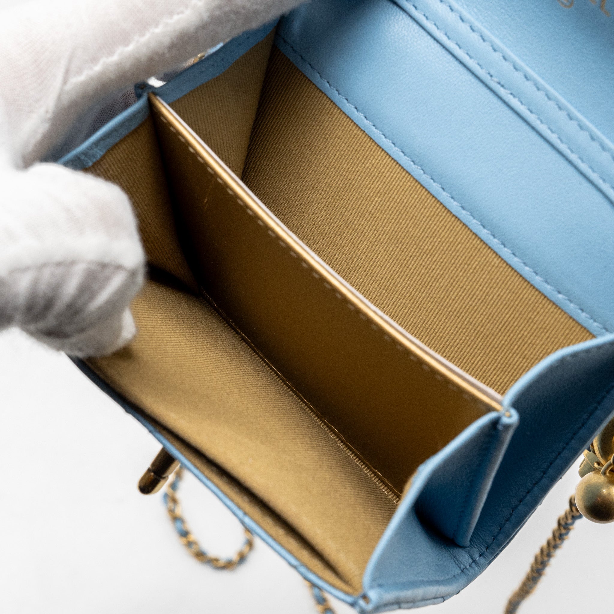 CHANEL PEARL CRUSH MINI FLAP WALLET WITH CHAIN LAMBSKIN BLUE GHW