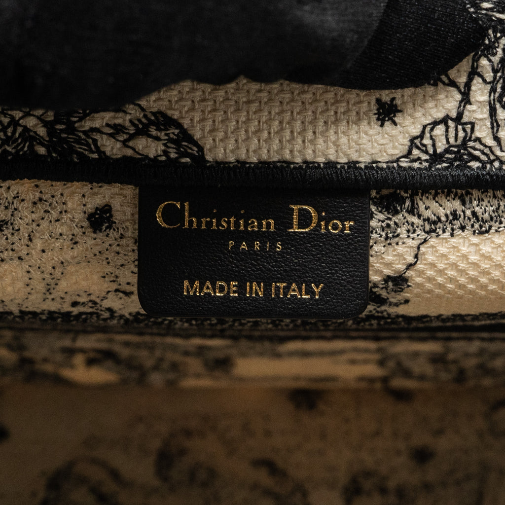 DIOR SMALL BOOK TOTE LATTE/BLACK TOILE DE JOUY ZODIAC EMBROIDERY