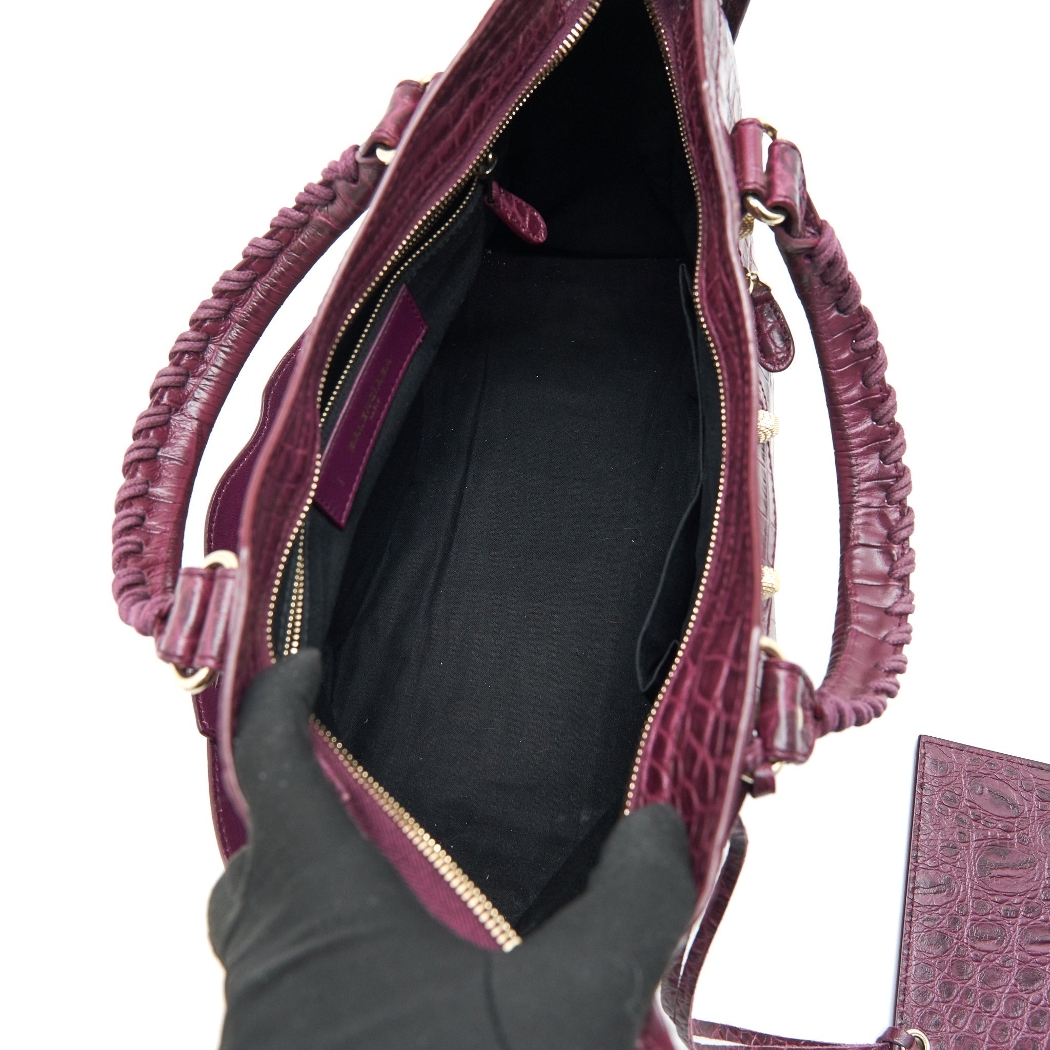 BALENCIAGA MEDIUM GIANT CITY BAG BURGUNDY CROCODILE EMBOSSED LEATHER WITH GHW