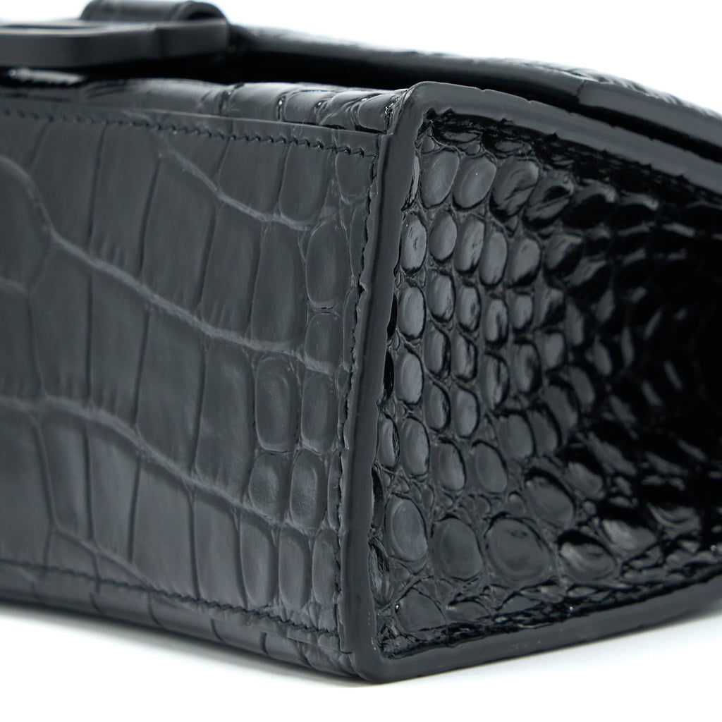BALENCIAGA HOURGLASS XS CROC-EMBOSSED CALFSKIN SO BLACK