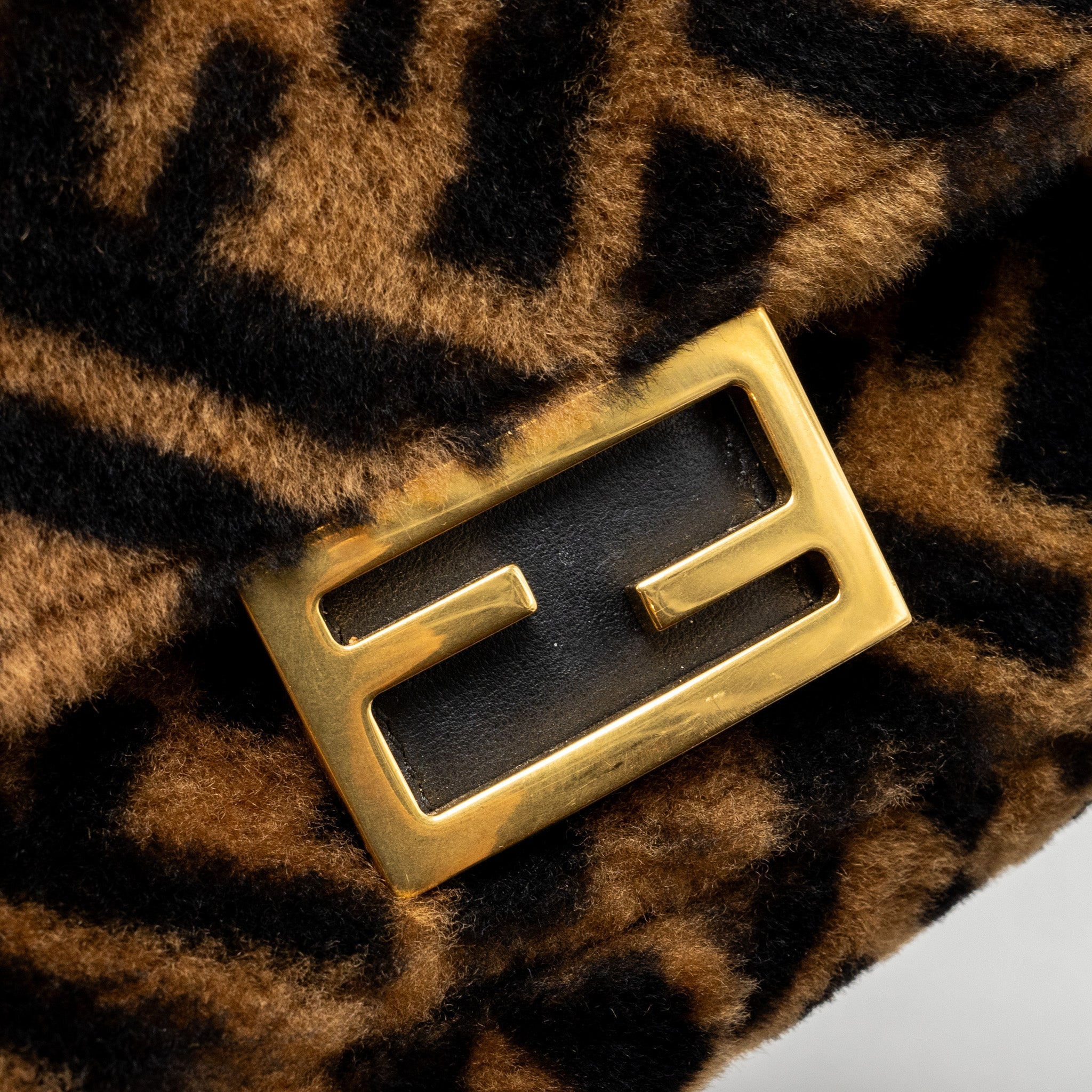 FENDI MINI BAGUETTE BAG LAMB FUR BLACK/BROWN GHW