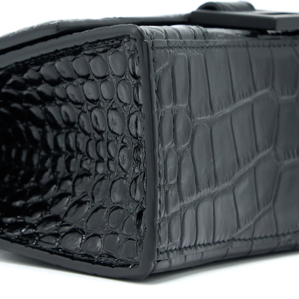 BALENCIAGA HOURGLASS XS CROC-EMBOSSED CALFSKIN SO BLACK