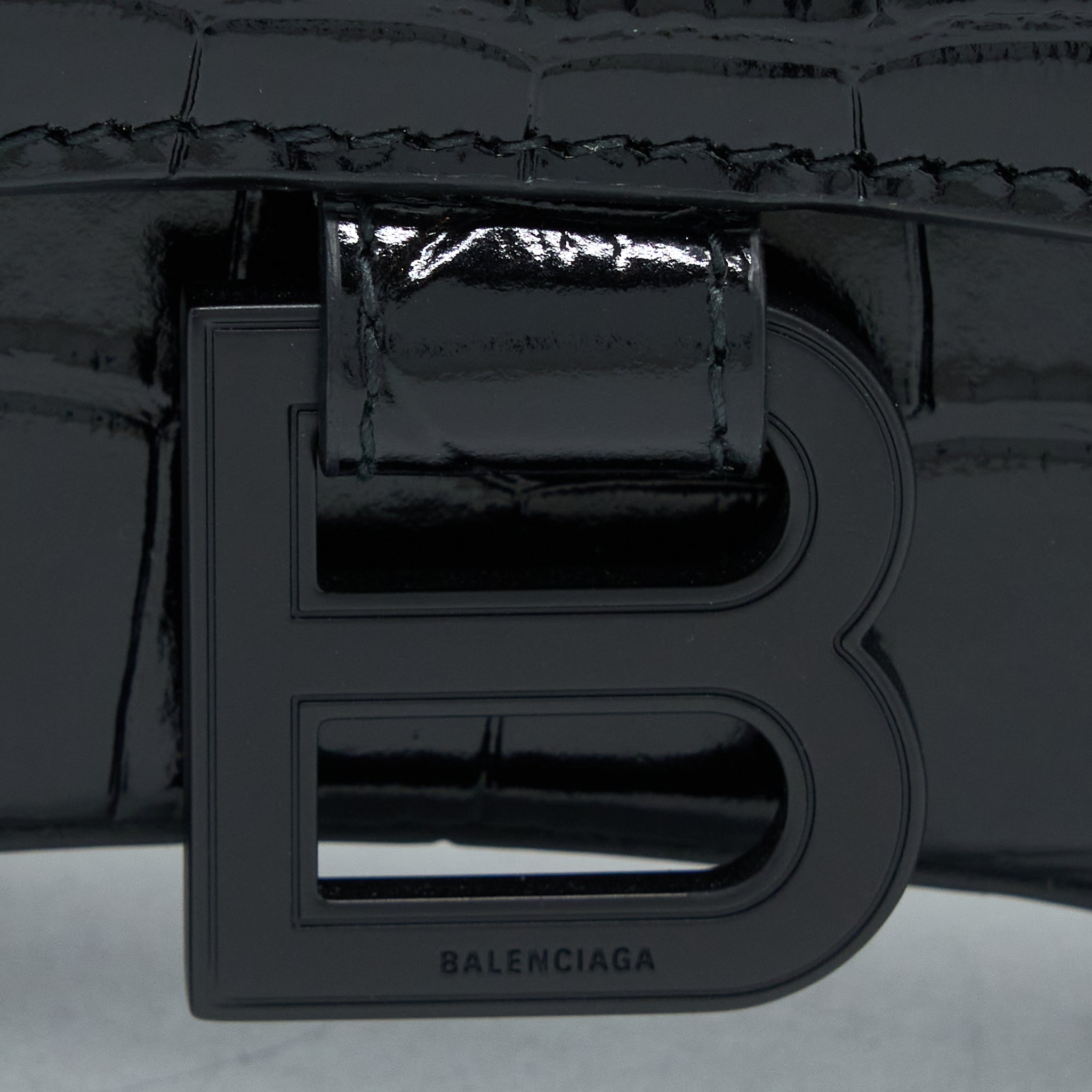 BALENCIAGA HOURGLASS XS CROC-EMBOSSED CALFSKIN SO BLACK