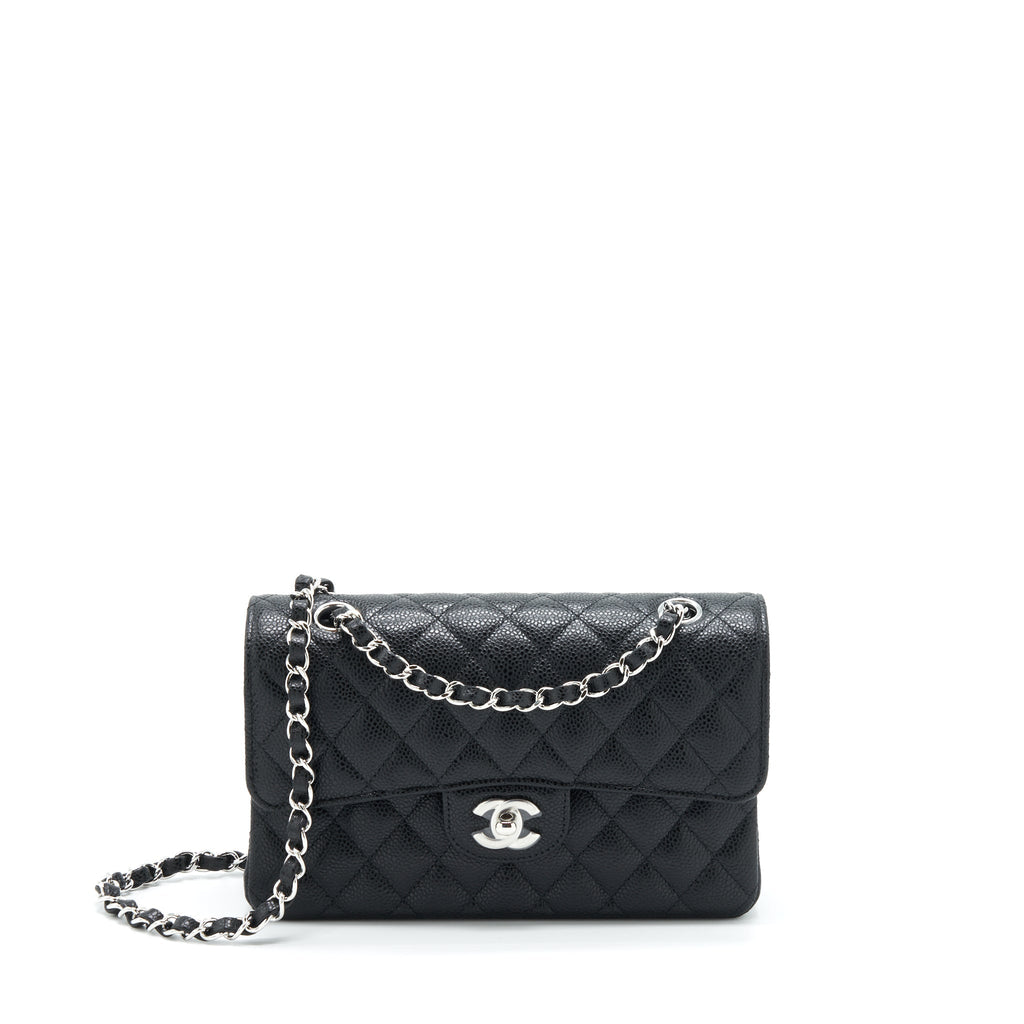 CHANEL SMALL CLASSIC DOUBLE FLAP BAG CAVIAR BLACK SHW (MICROCHIP)