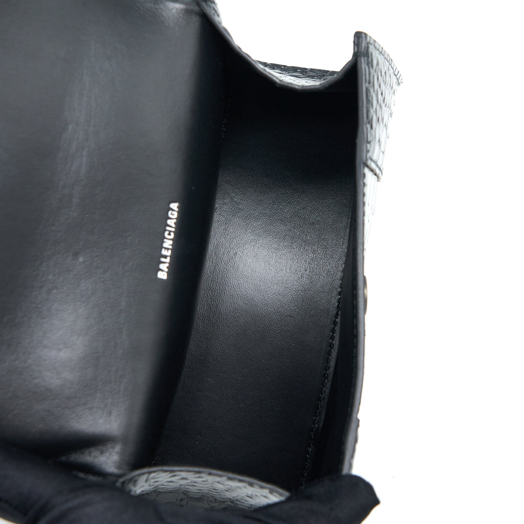 BALENCIAGA HOURGLASS XS CROC-EMBOSSED CALFSKIN SO BLACK