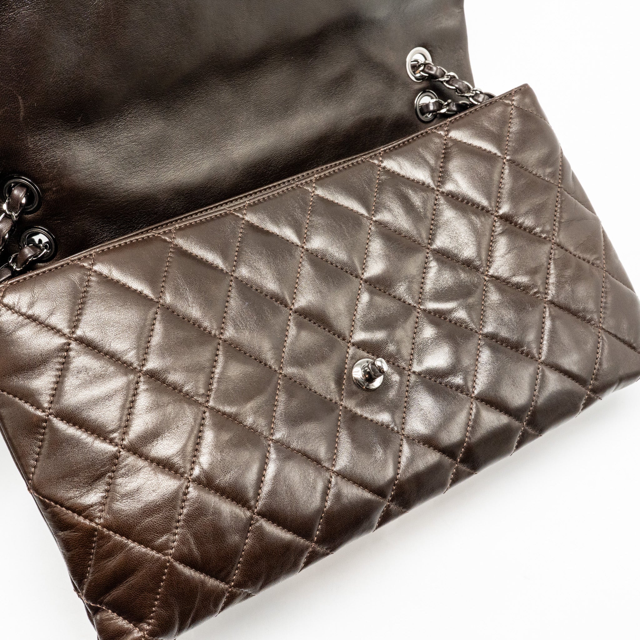 CHANEL LARGE QUILTED FLAP BAG WITH CHAIN LAMBSKIN DARK BROWN SHW