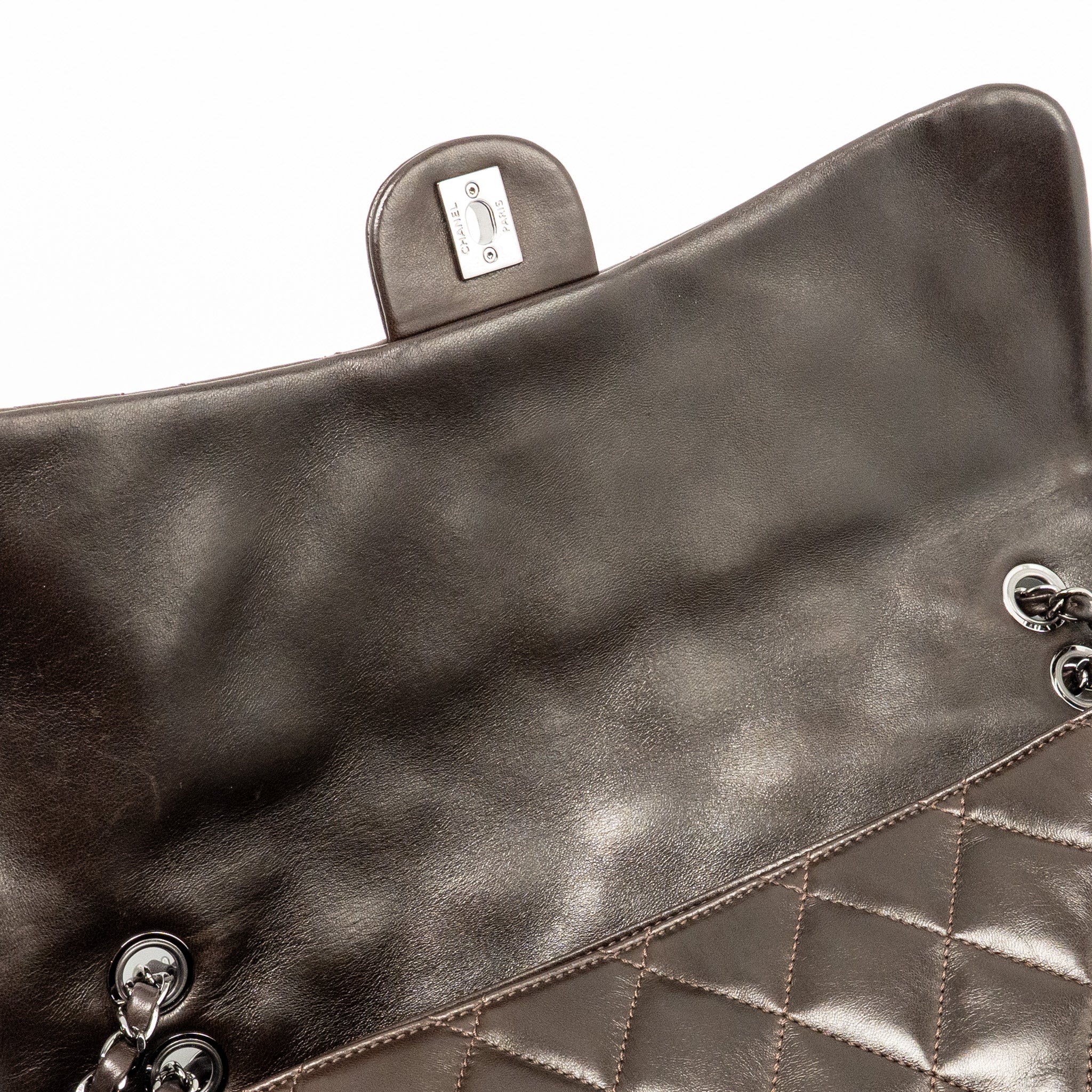 CHANEL LARGE QUILTED FLAP BAG WITH CHAIN LAMBSKIN DARK BROWN SHW