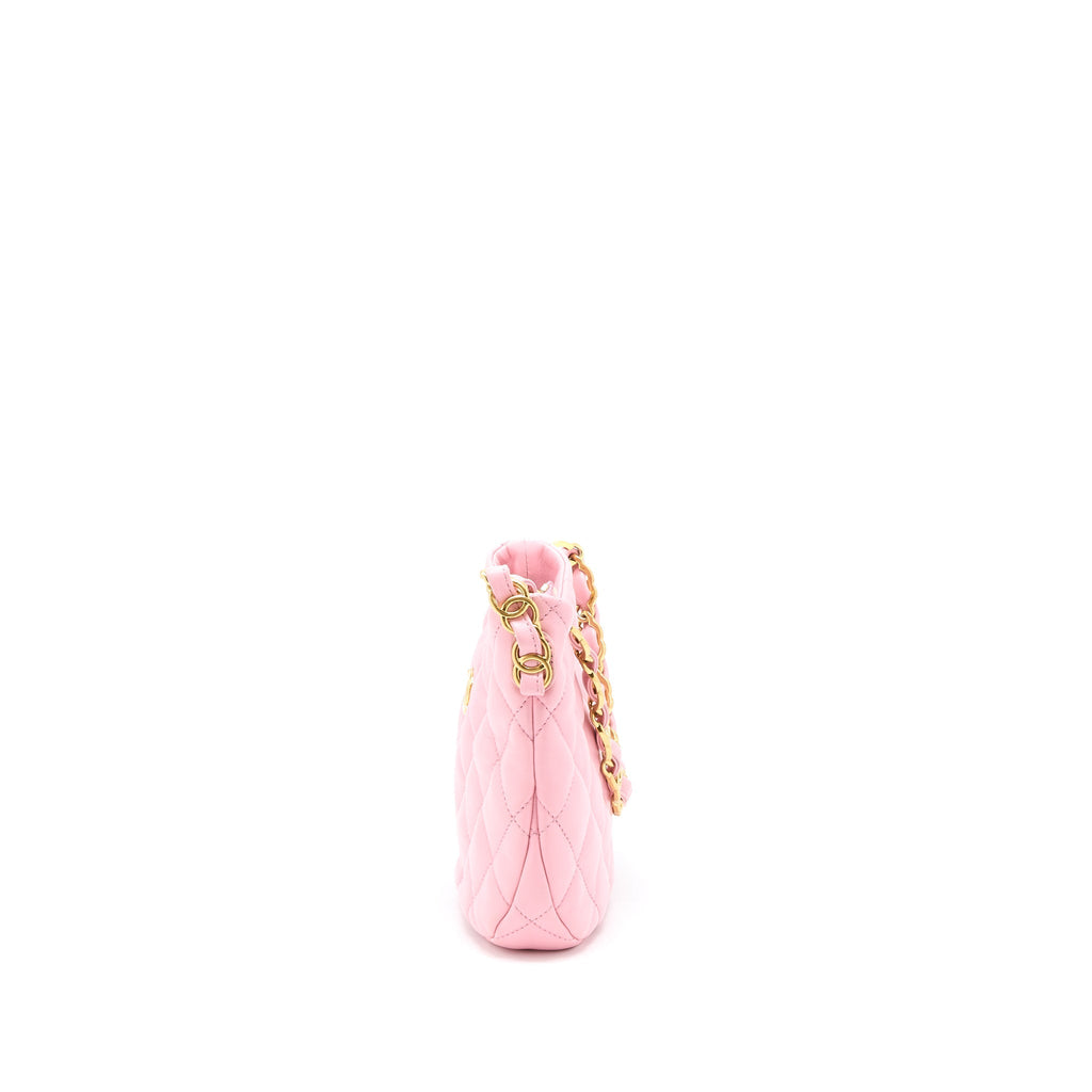 CHANEL 22K HOBO BAG LOGO CHAIN LAMBSKIN PINK GHW (MICROCHIP)