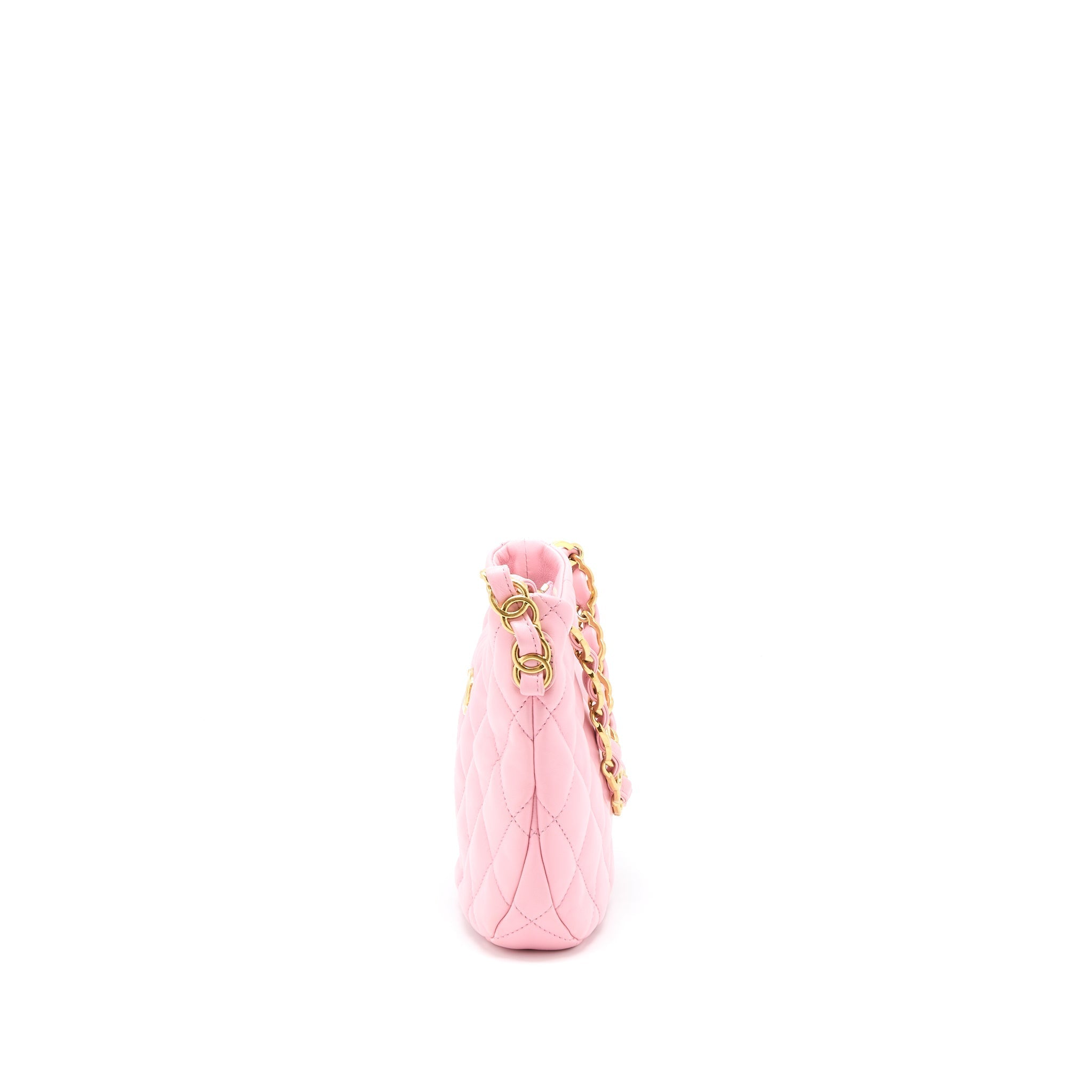 CHANEL 22K HOBO BAG LOGO CHAIN LAMBSKIN PINK GHW (MICROCHIP)