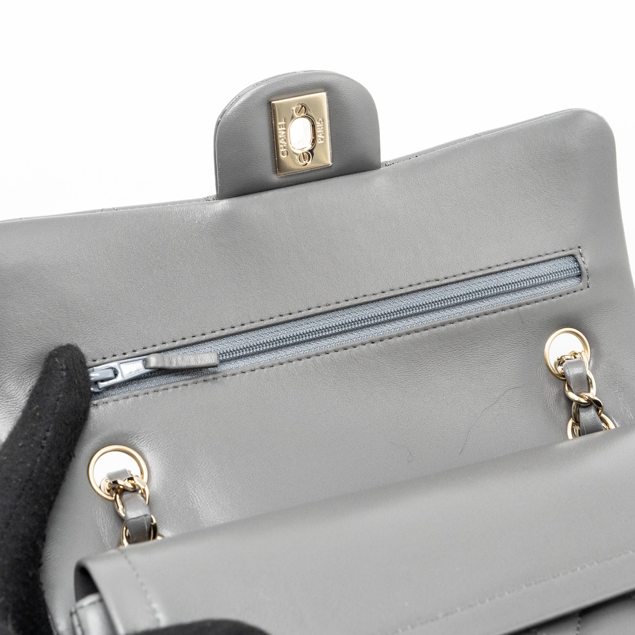 CHANEL 22A SMALL CLASSIC DOUBLE FLAP BAG LAMBSKIN GREY LGHW(MICROCHIP)
