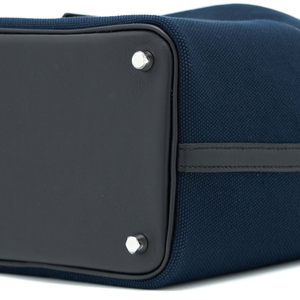 HERMES PICOTIN CARGO 18 LOCK BAG SWIFT AND TOILE CANVAS BLUE MARINE /BLACK SHW