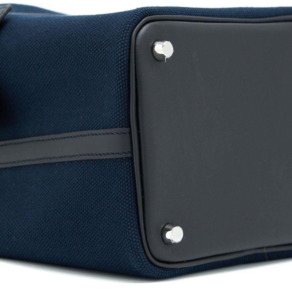 HERMES PICOTIN CARGO 18 LOCK BAG SWIFT AND TOILE CANVAS BLUE MARINE /BLACK SHW