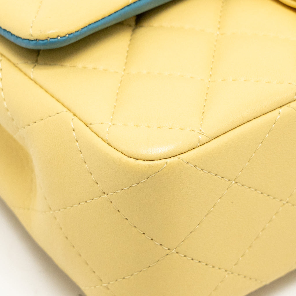 CHANEL MINI RECTANGULAR FLAP BAG LAMBSKIN YELLLOW/BLUE WITH IRIDESCENT BLUE HARDWARE