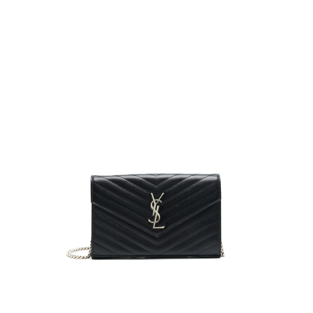 SAINT LAURENT ENVELOPE MONOGRAM WALLET ON CHAIN IN SHW