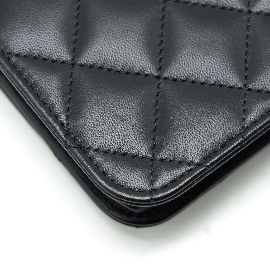 CHANEL MINI FLAP CARD HOLDER RIBBON CHAIN LAMBSKIN BLACK LGHW