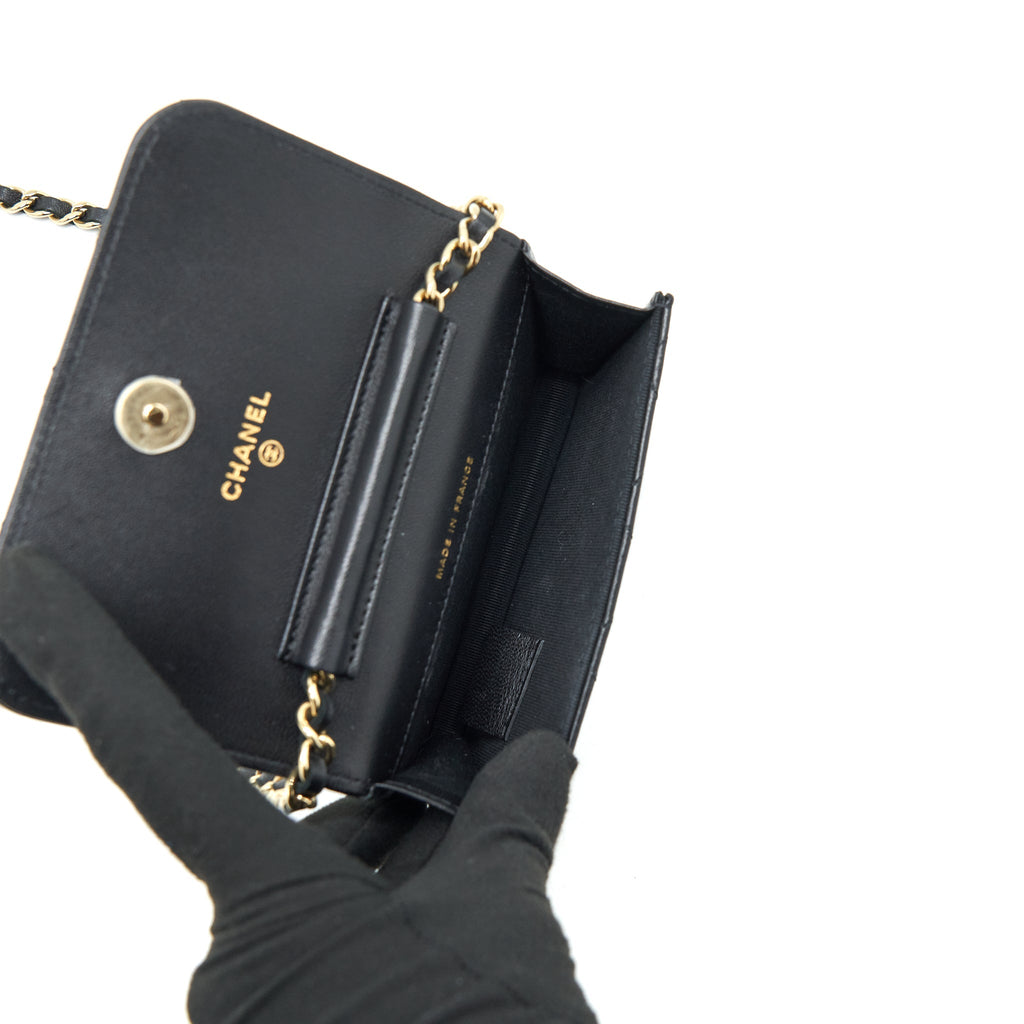 CHANEL MINI FLAP CARD HOLDER RIBBON CHAIN LAMBSKIN BLACK LGHW