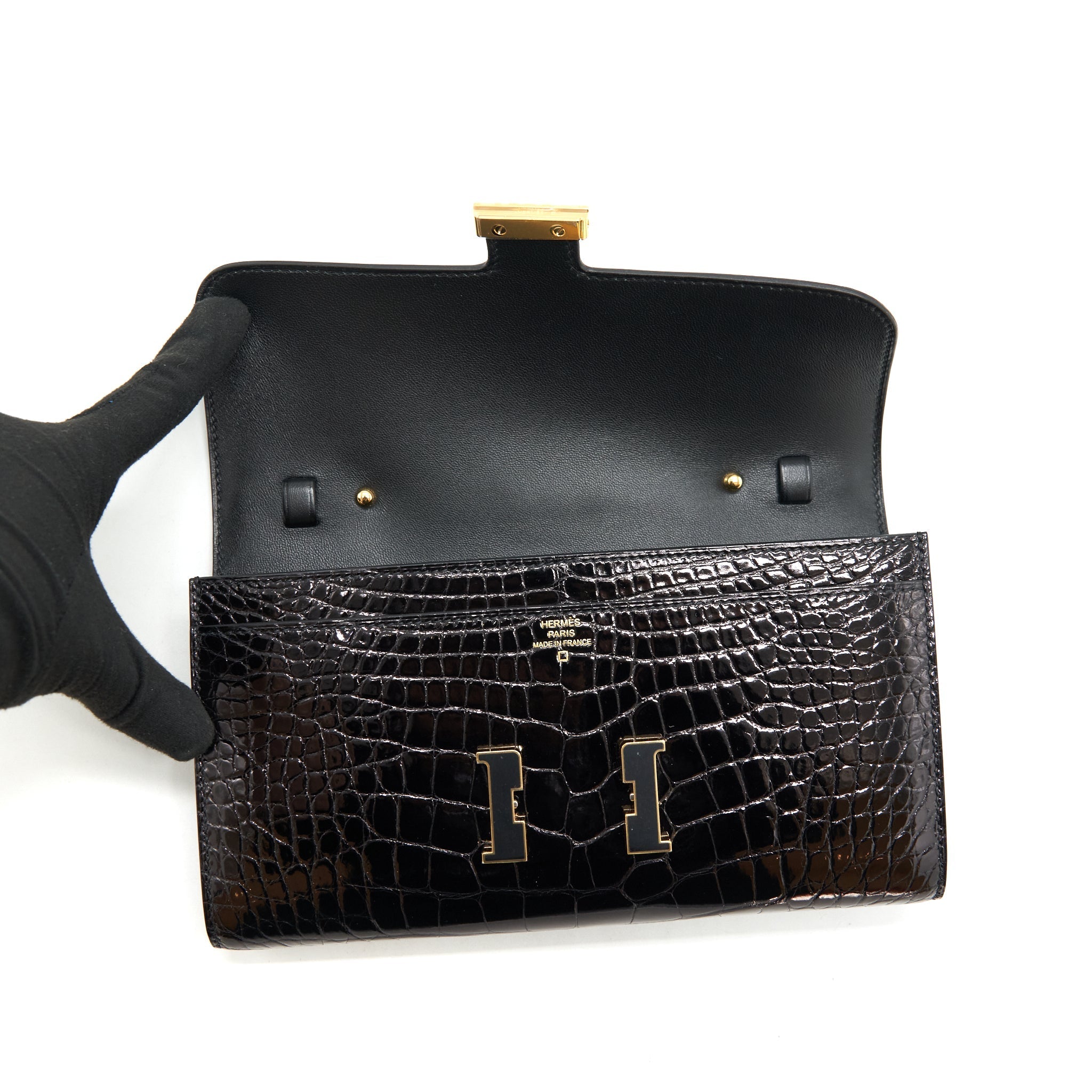 HERMES CONSTANCE TO GO ALLIGATOR MISSISSIPPIENSIS BLACK WITH BLACK HARDWARE
