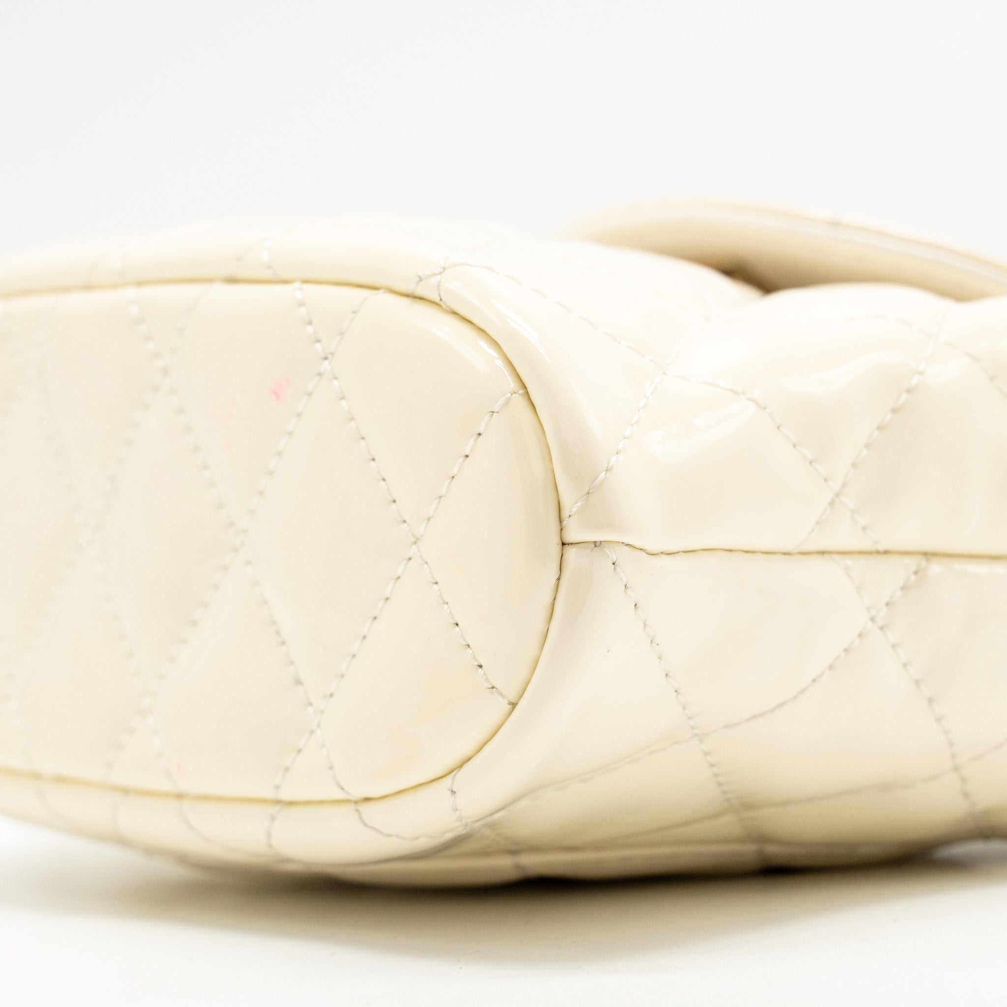 CHANEL SEASONAL SQUARE FLAP BAG WITH CHAIN PATENT WHITE LGHW (MICROCHIP)