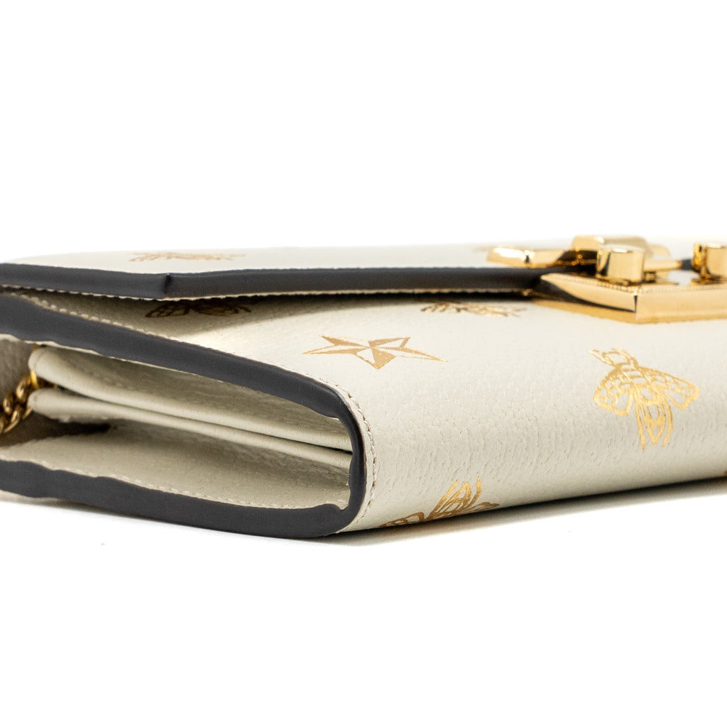 GUCCI MINI PADLOCK POUCH WITH CHAIN WITH BEE PRINTED CALFSKIN WHITE/GOLD GHW