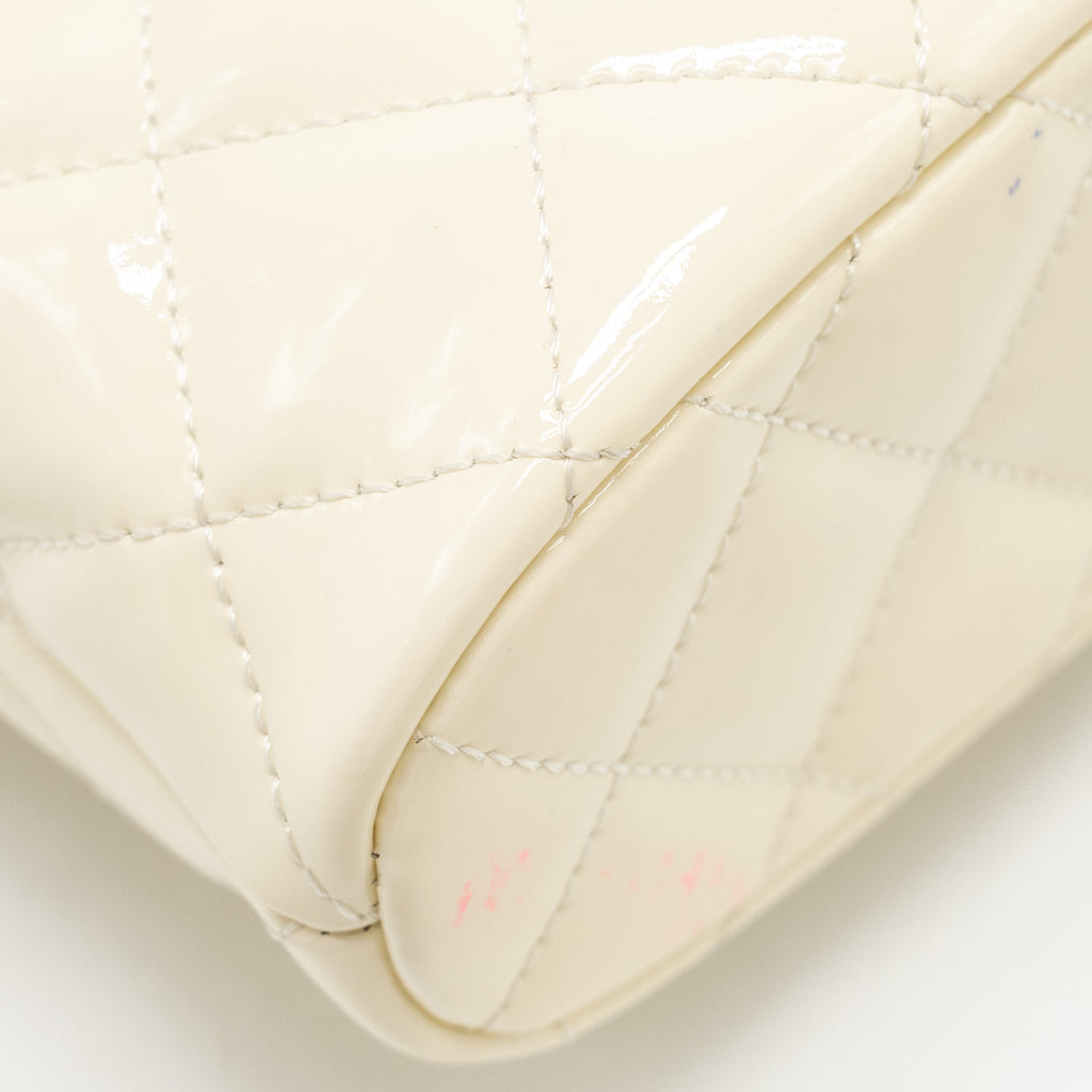 CHANEL SEASONAL SQUARE FLAP BAG WITH CHAIN PATENT WHITE LGHW (MICROCHIP)