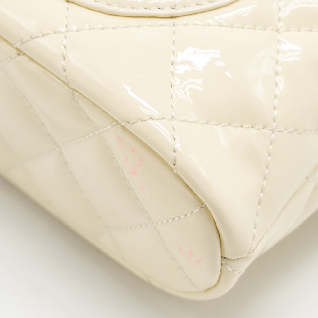 CHANEL SEASONAL SQUARE FLAP BAG WITH CHAIN PATENT WHITE LGHW (MICROCHIP)