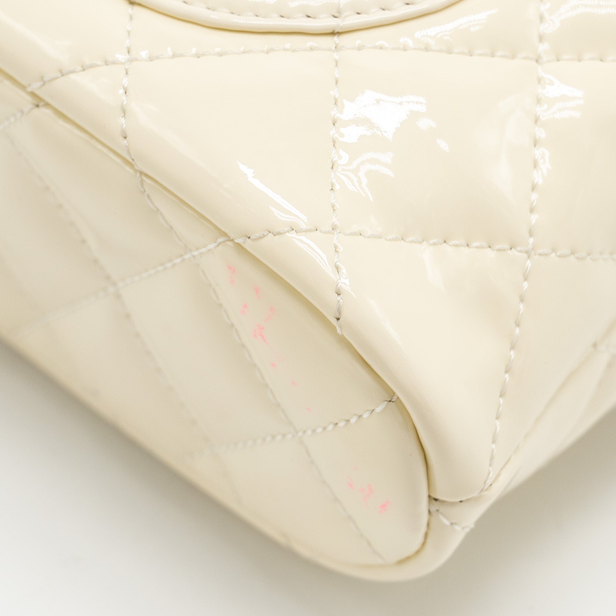 CHANEL SEASONAL SQUARE FLAP BAG WITH CHAIN PATENT WHITE LGHW (MICROCHIP)