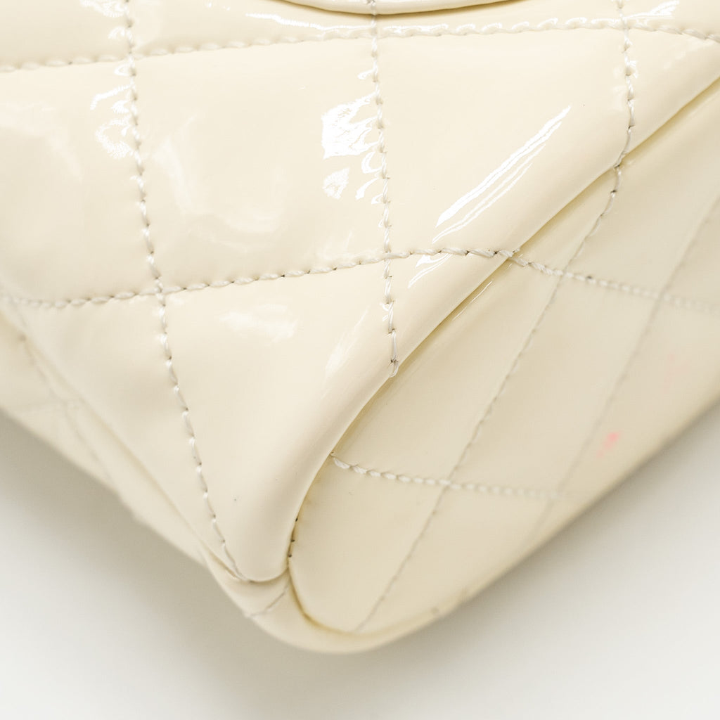 CHANEL SEASONAL SQUARE FLAP BAG WITH CHAIN PATENT WHITE LGHW (MICROCHIP)