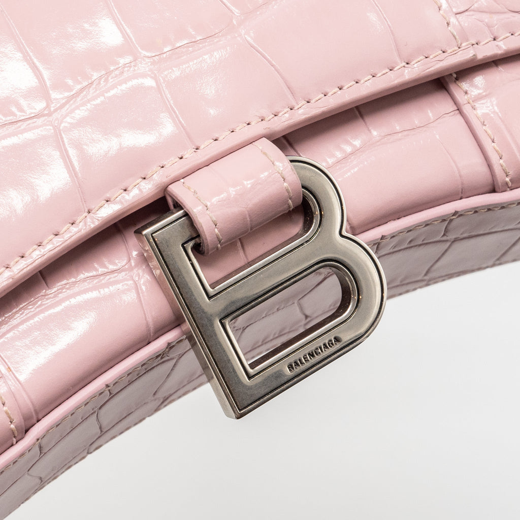 BALENCIAGA HOURGLASS WALLET ON CHAIN CROC-EMBOSSED CALFSKIN PINK SHW