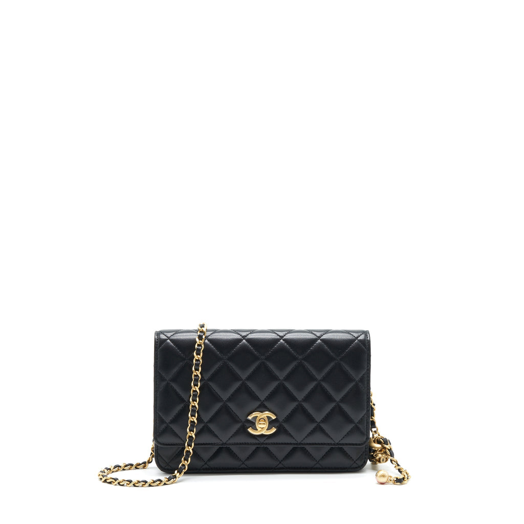 CHANEL 22S PEARL CRUSH WALLET ON CHAIN LAMBSKIN BLACK GHW (MICROCHIP)
