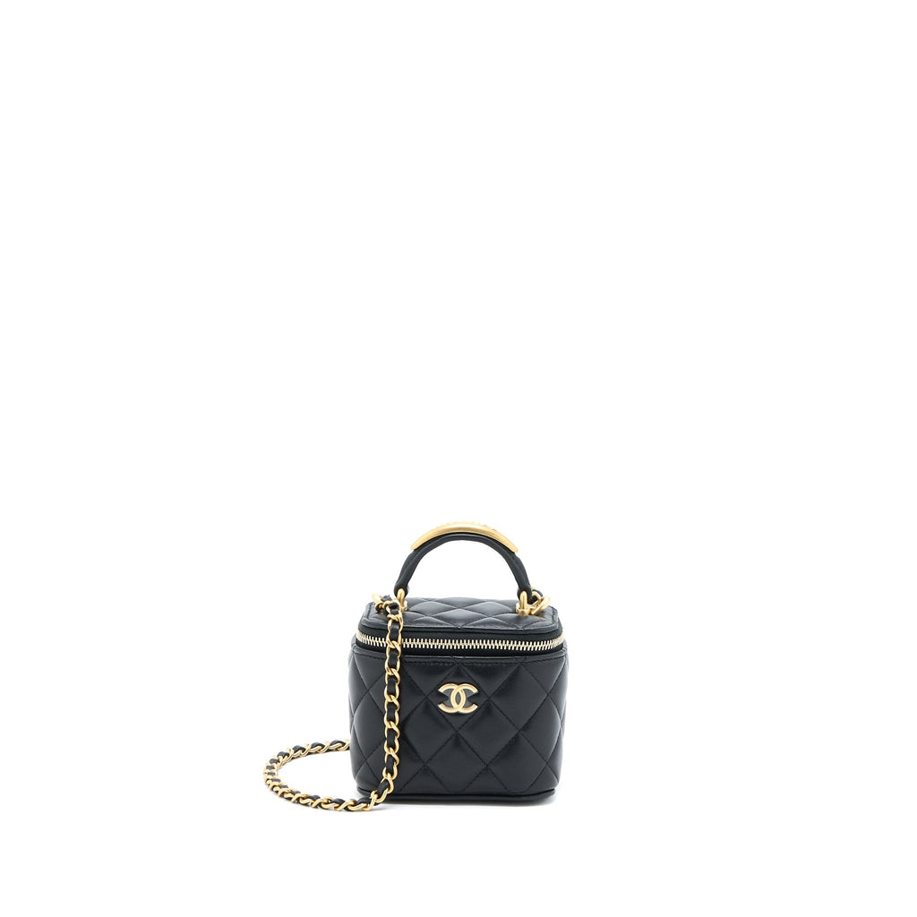 CHANEL 22B DETAILED TOP HANDLE MINI VANITY WITH CHAIN LAMBSKIN BLACK BRUSHED GHW
