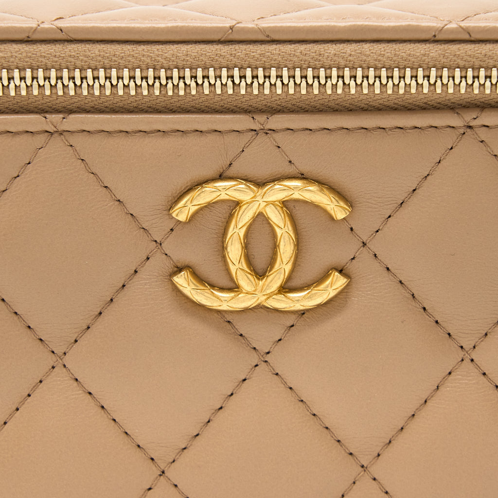 CHANEL 22K GOLD PILLAR ADJUSTABLE CHAIN LONG VANITY LAMBSKIN BEIGE BRUSHED GHW (MICROCHIP)
