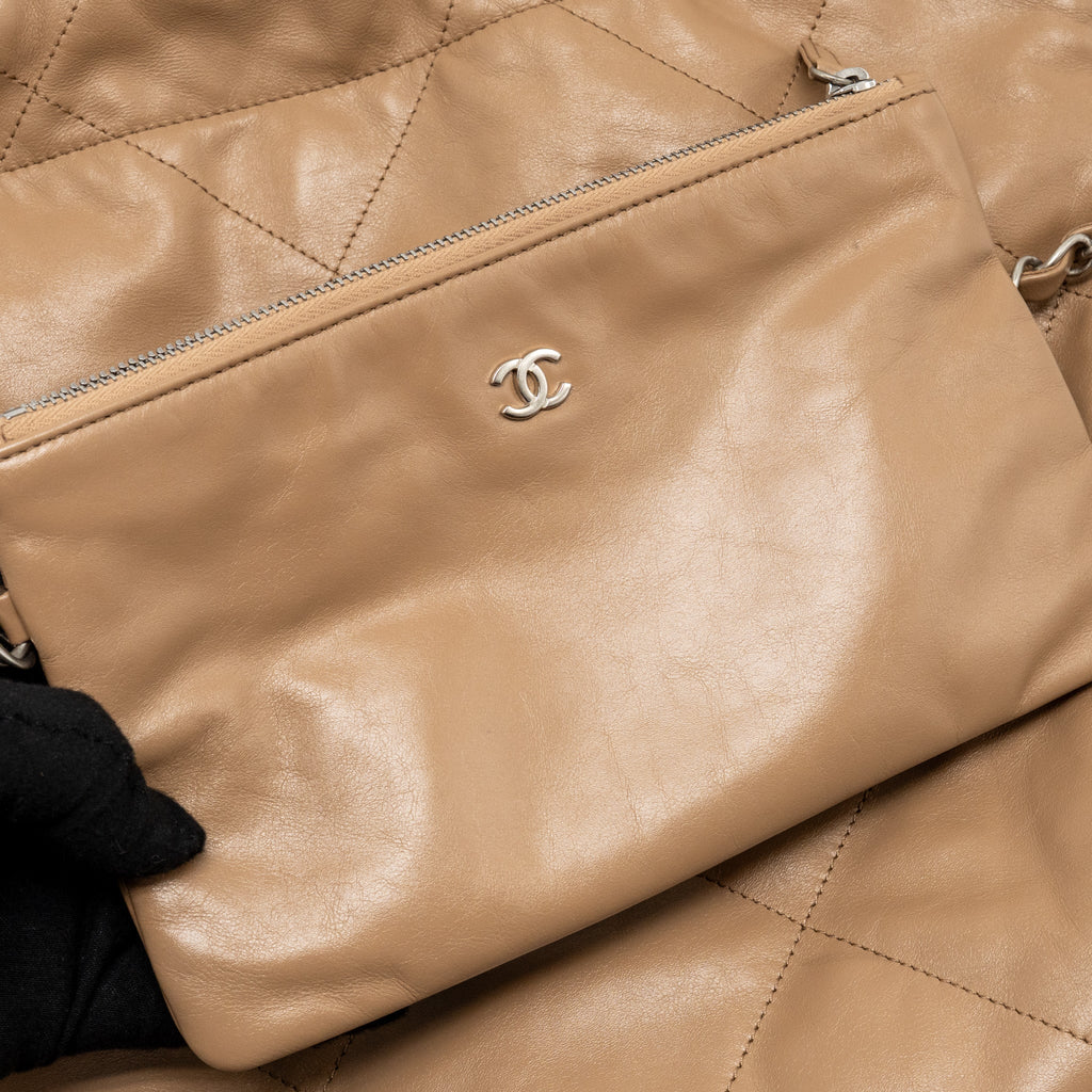 CHANEL SMALL 22 BAG CALFSKIN DARK BEIGE SHW (MICROCHIP)