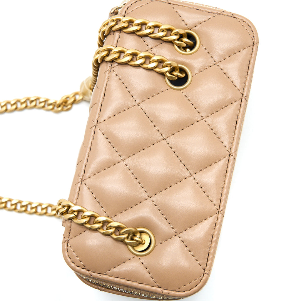 CHANEL 22K GOLD PILLAR ADJUSTABLE CHAIN LONG VANITY LAMBSKIN BEIGE BRUSHED GHW (MICROCHIP)