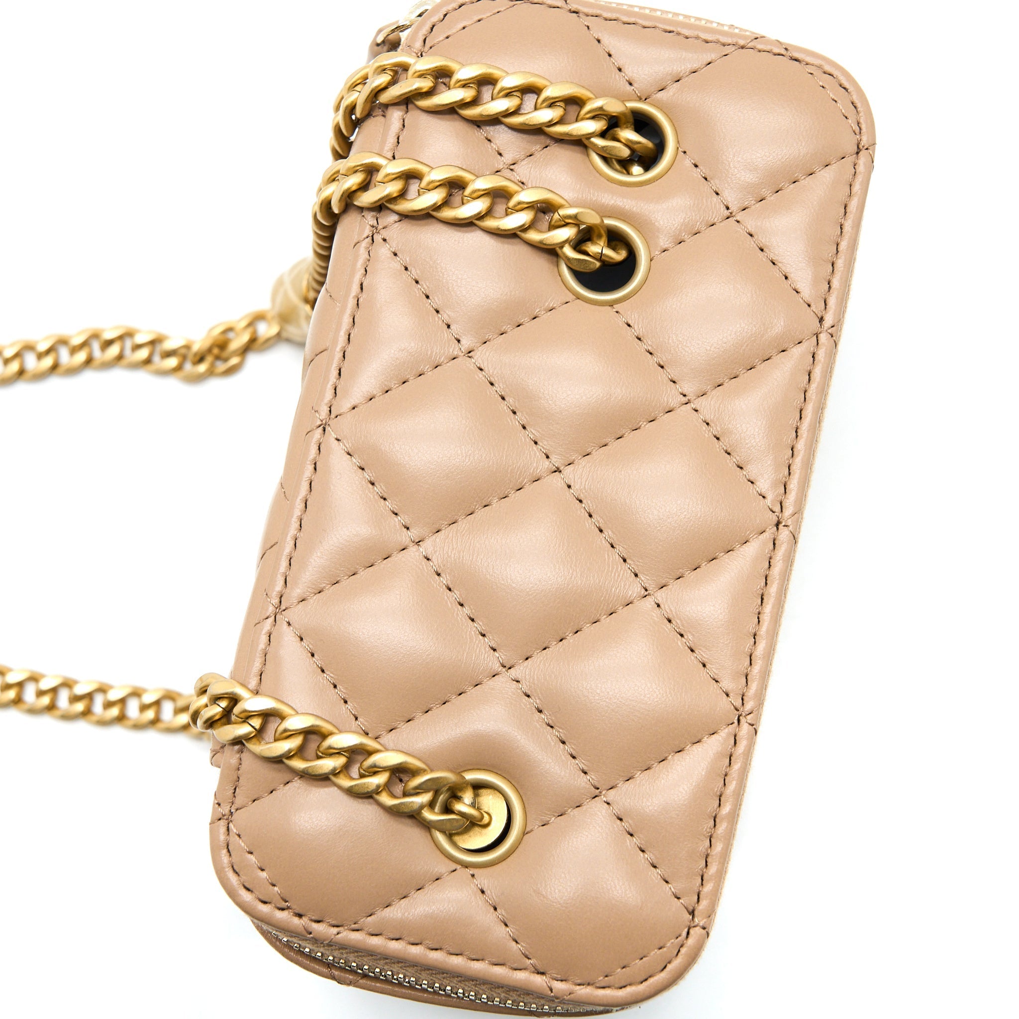 CHANEL 22K GOLD PILLAR ADJUSTABLE CHAIN LONG VANITY LAMBSKIN BEIGE BRUSHED GHW (MICROCHIP)