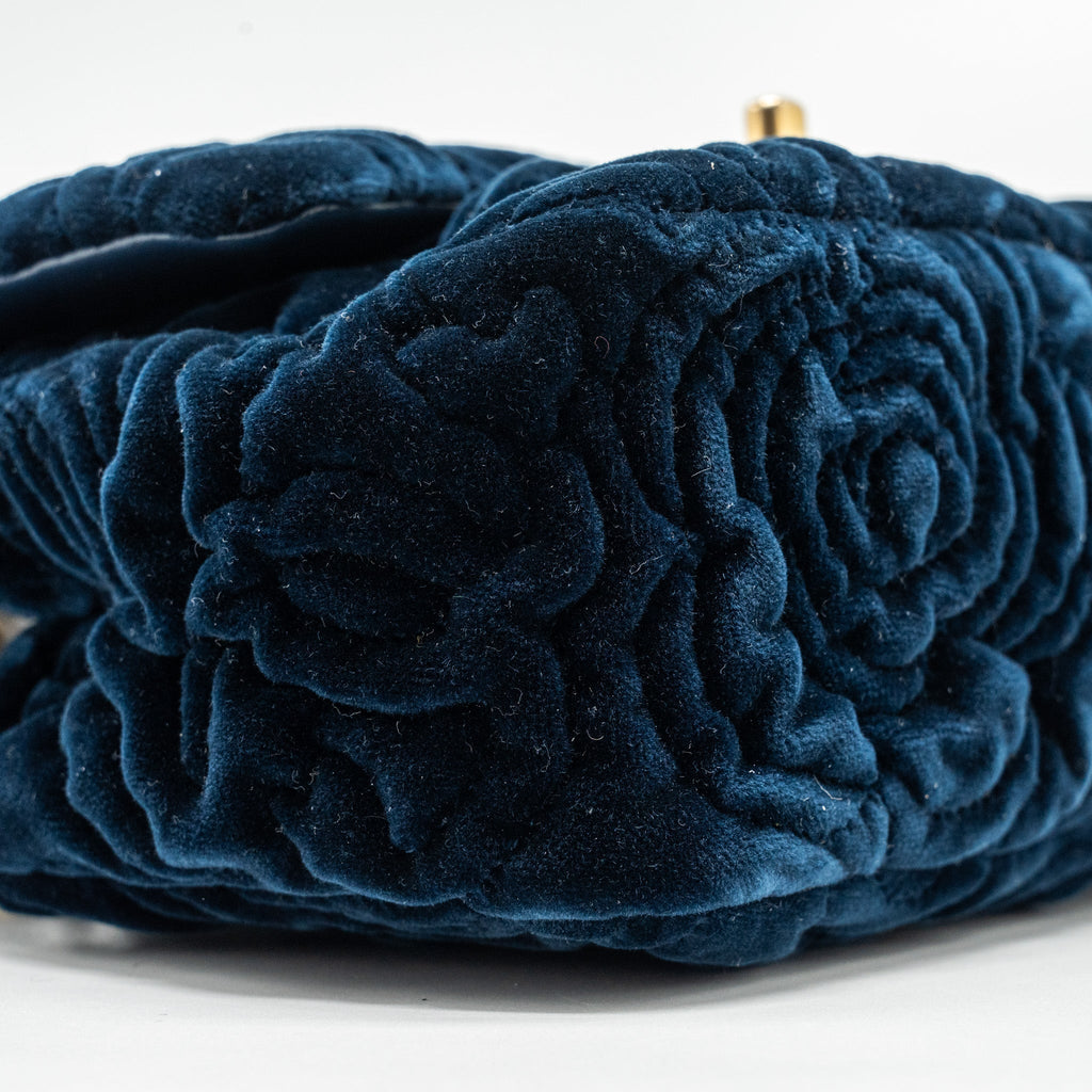 CHANEL CAMELLIA EMBOSSED MINI SQUARE FLAP BAG VELVET NAVY GHW (MICROCHIP)