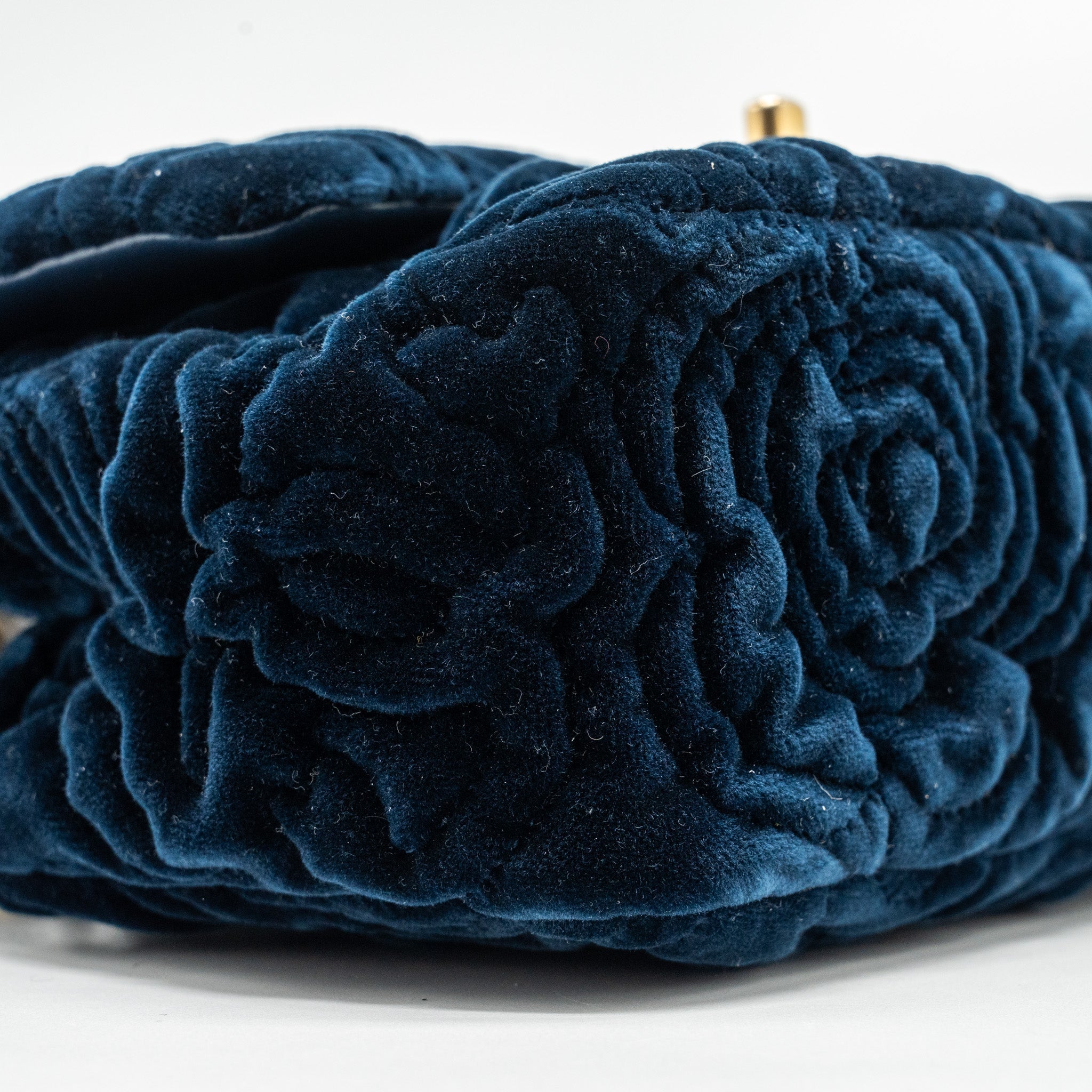 CHANEL CAMELLIA EMBOSSED MINI SQUARE FLAP BAG VELVET NAVY GHW (MICROCHIP)