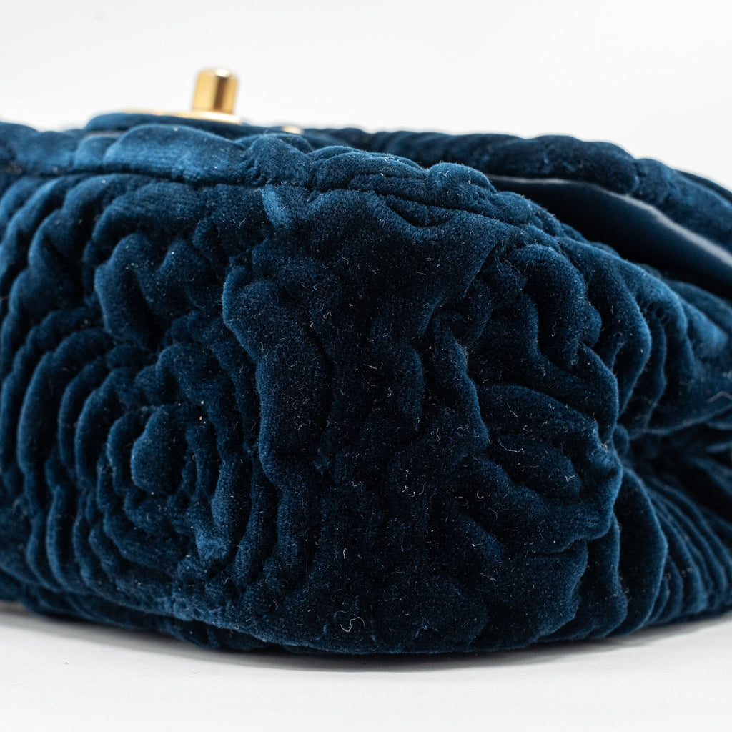 CHANEL CAMELLIA EMBOSSED MINI SQUARE FLAP BAG VELVET NAVY GHW (MICROCHIP)