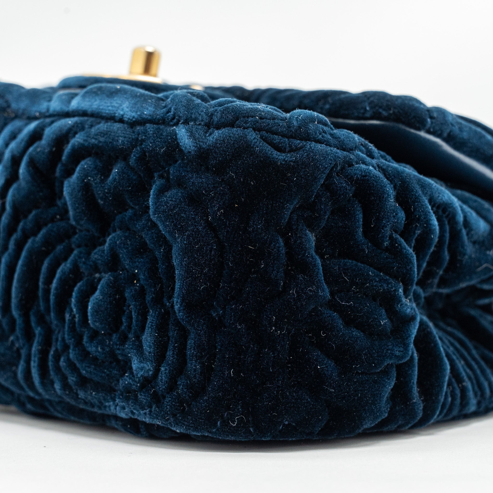 CHANEL CAMELLIA EMBOSSED MINI SQUARE FLAP BAG VELVET NAVY GHW (MICROCHIP)