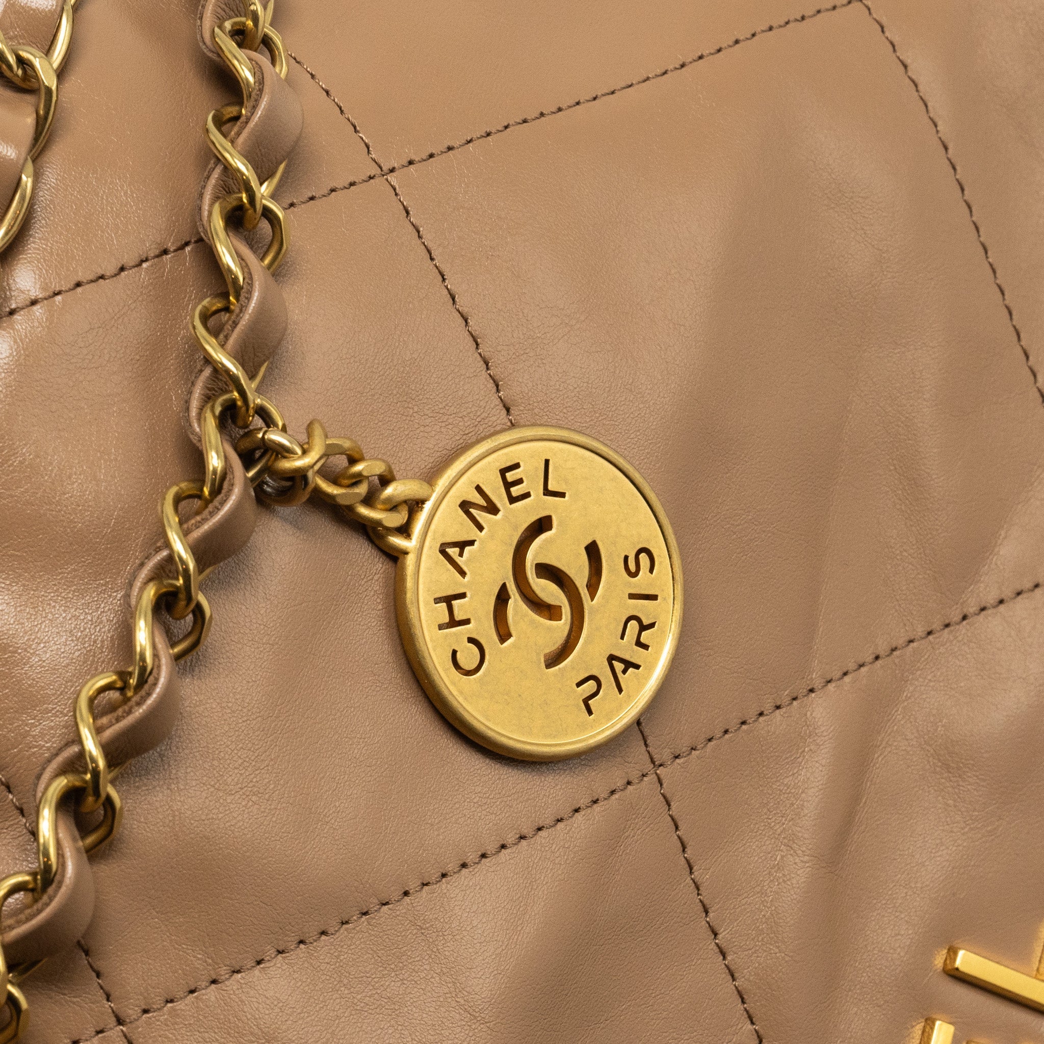 CHANEL SMALL 22 BAG SHINY CALFSKIN DARK BEIGE GHW (MICROCHIP)